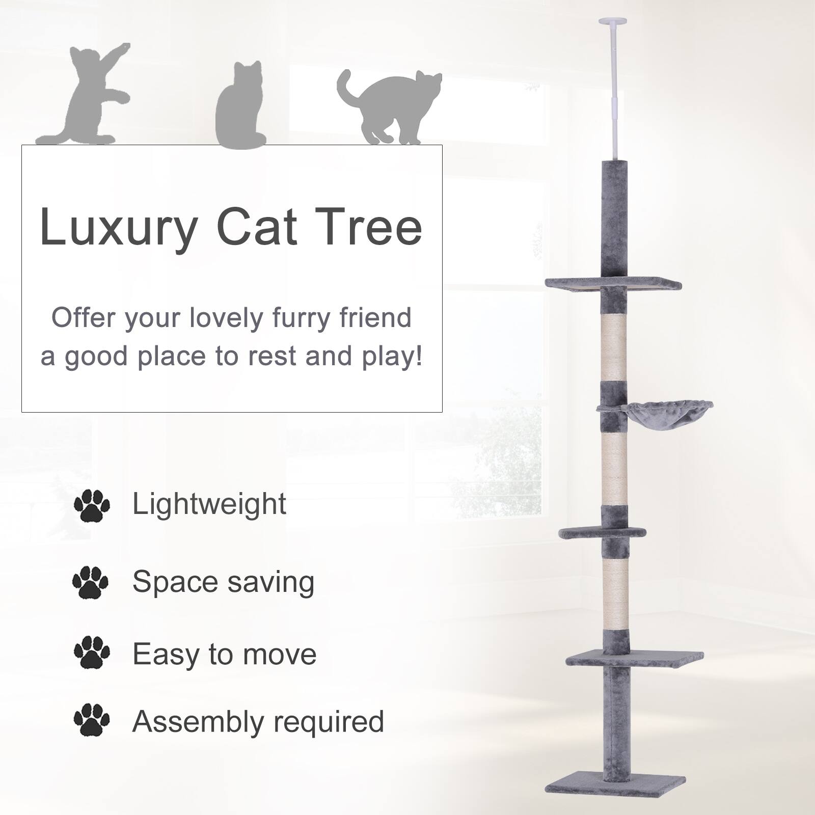 Back. Pawhut - 102" Adjustable Height Floor to Ceiling Cat Tree, 5 Level Cat Tower with Scratching Posts, Hammock - Grey.