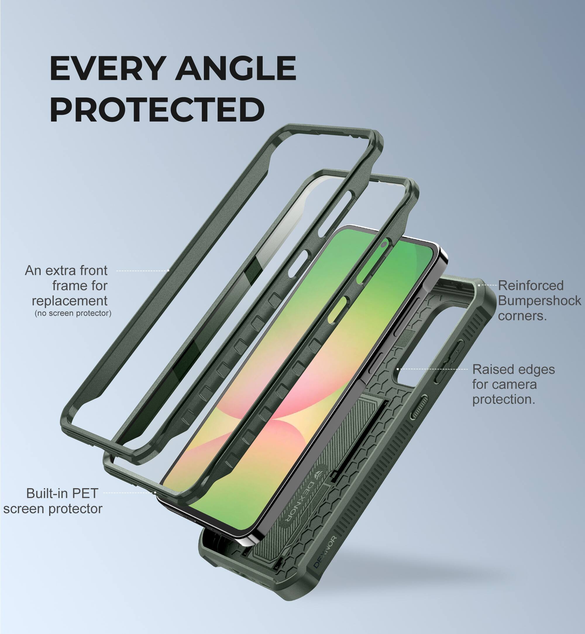 EVERY ANGLE PROTECTED

- An extra front frame for replacement (no screen protector)
- Reinforced Bumpershock corners.
- Raised edges for camera protection.
- Built-in PET screen protector