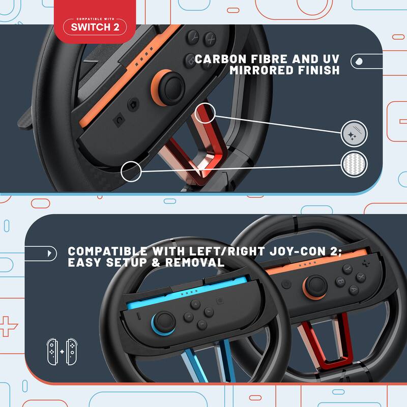COMPATIBLE WITH SWITCH 2

CARBON FIBRE AND UV MIRRORED FINISH

COMPATIBLE WITH LEFT/RIGHT JOY-CON 2; EASY SETUP & REMOVAL