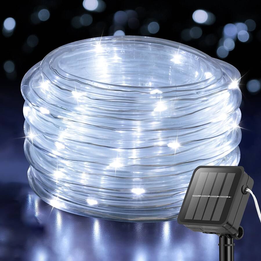 RTMB Cool White 33 foot long, 100 LED, solar powered rope string lights ...