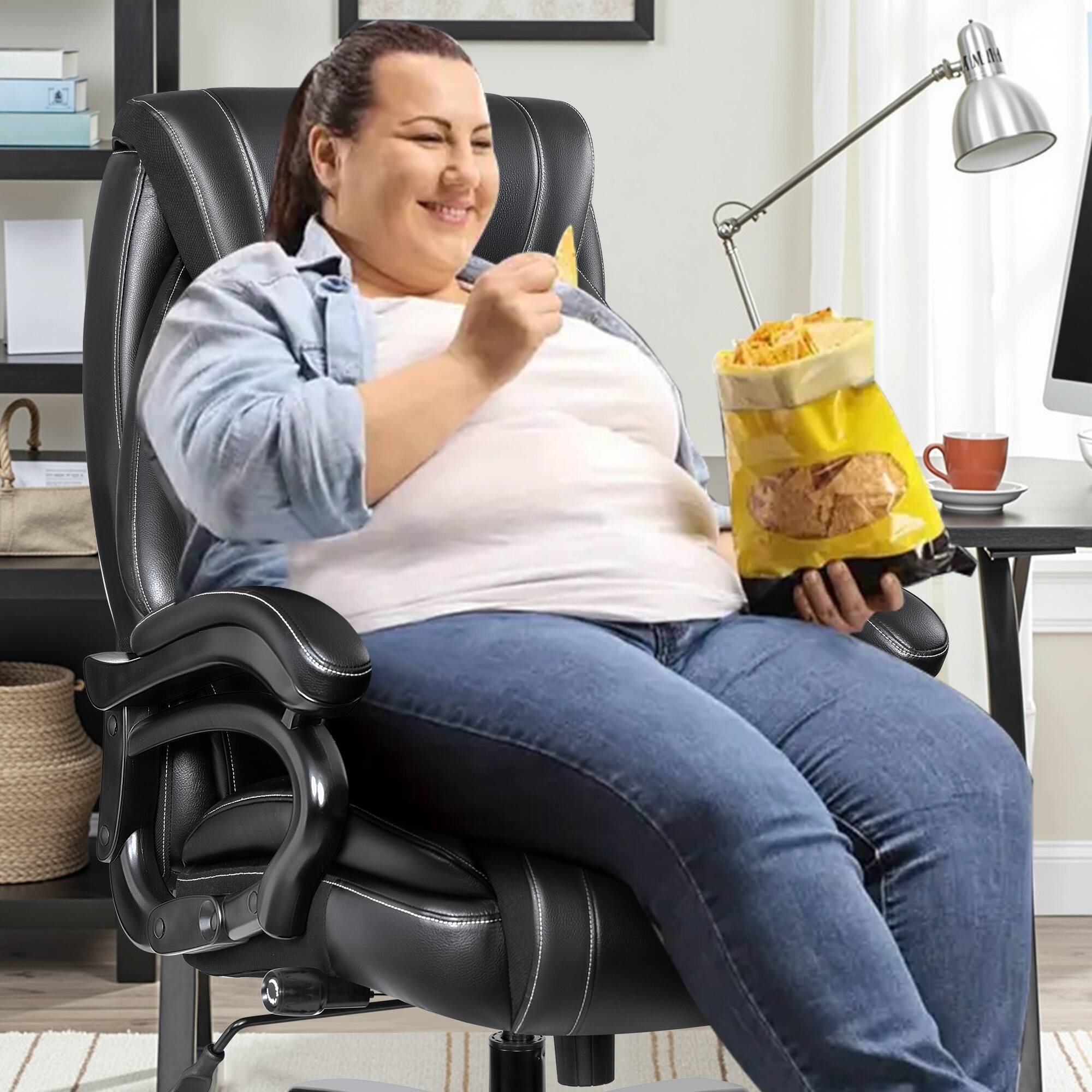 Left. Brick Attic - Heavy Duty Leather Executive Office Chair with Adjustable Ergonomic Lumbar Support & Thick Padded Wide Cushion Seat - Black.