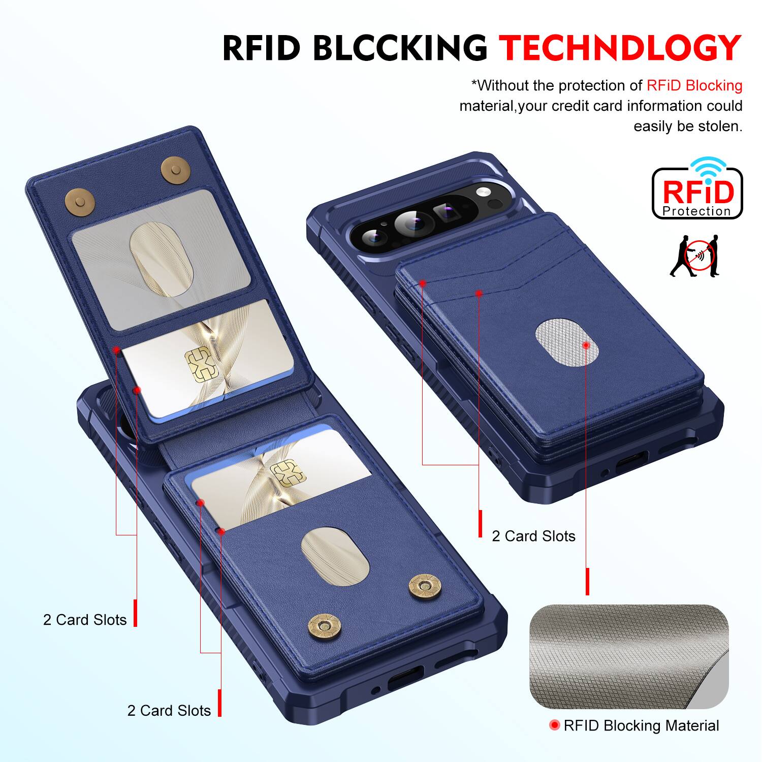 RFID BLOCKING TECHNOLOGY

*Without the protection of RFID Blocking material, your credit card information could easily be stolen.

RFID Protection

2 Card Slots

2 Card Slots

2 Card Slots

RFID Blocking Material