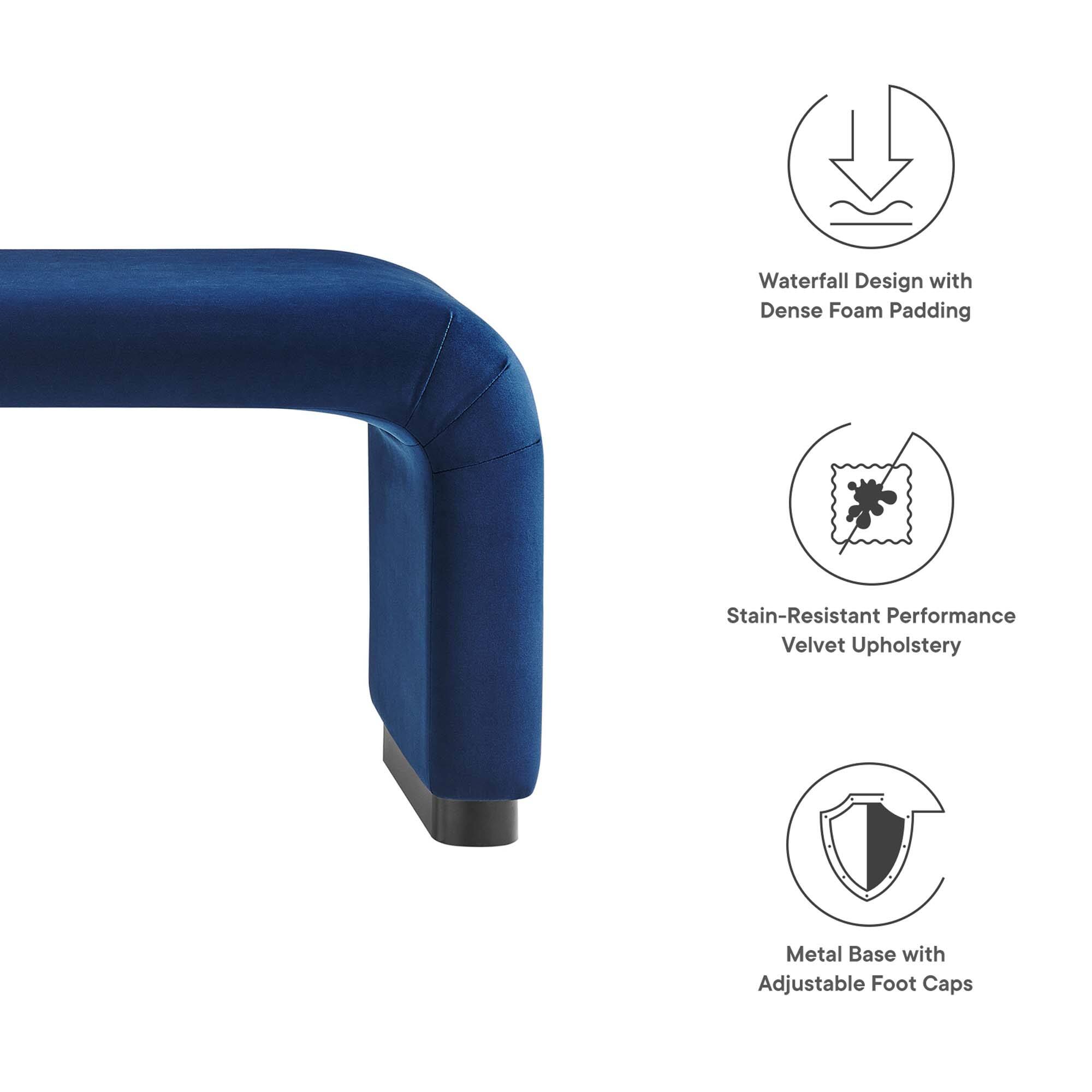 Waterfall Design with Dense Foam Padding  
Stain-Resistant Performance Velvet Upholstery  
Metal Base with Adjustable Foot Caps