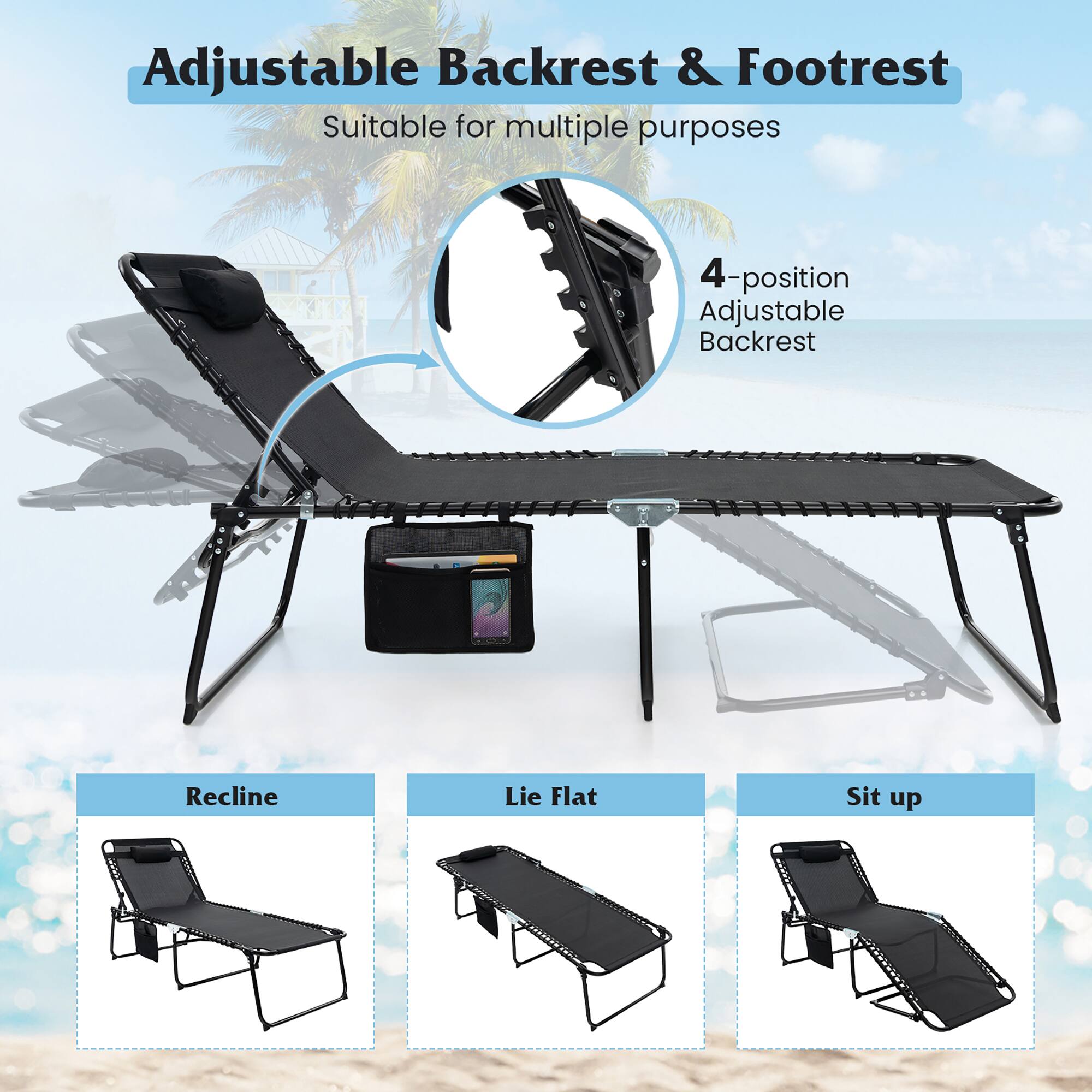 Adjustable Backrest & Footrest, Suitable for multiple purposes, 4-position Adjustable Backrest, Recline, Lie Flat, Sit up