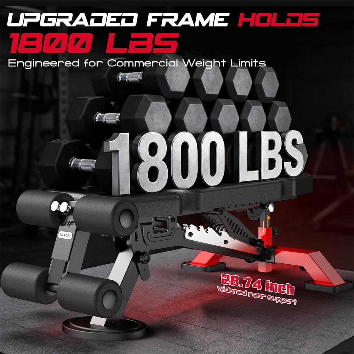 UPGRADED FRAME HOLDS 1800 LBS  
Engineered for Commercial Weight Limits  

1800 LBS  
1 LUF WFLGFT  

widened 28.74 inch rear support