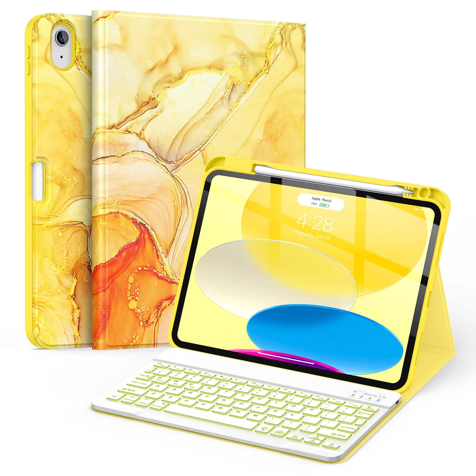 Pacoar Cade - For Ipad (a16) 11th/10th Generation Case With Keyboard(2025/2022)-7 Color Backlight Wireless Detachable Folio Cover - Yellow Marble