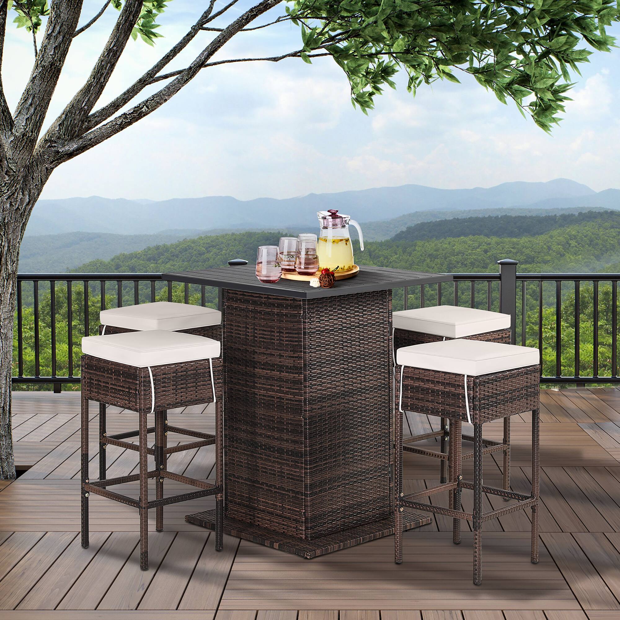 Alt View 2. Gymax - Gymax 5PCS Patio Bar Set Rattan Bar Furniture Set w/ Table & 4 Cushioned Stools - Brown + Beige + Black.