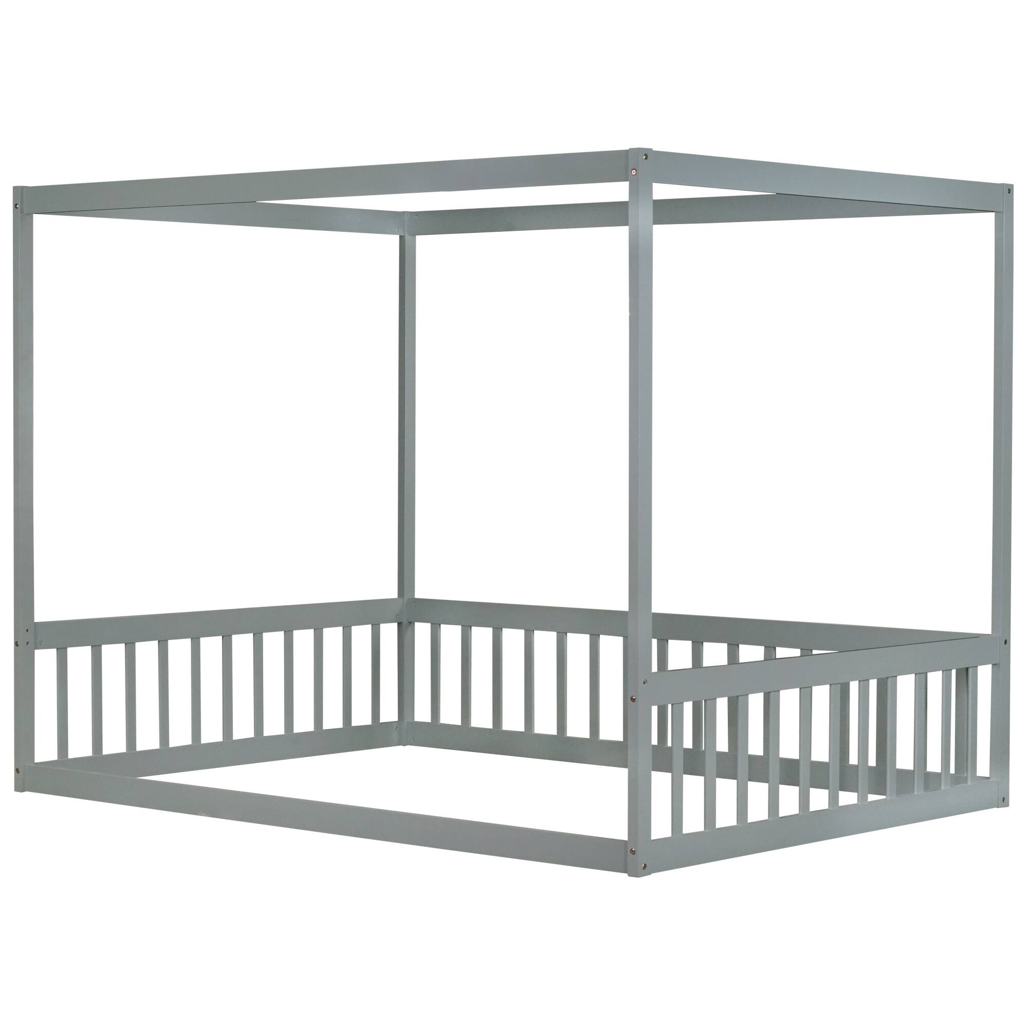 Back. GOODSILO - Full Size Canopy Frame Floor Bed with Safety Guardrails - Grey.