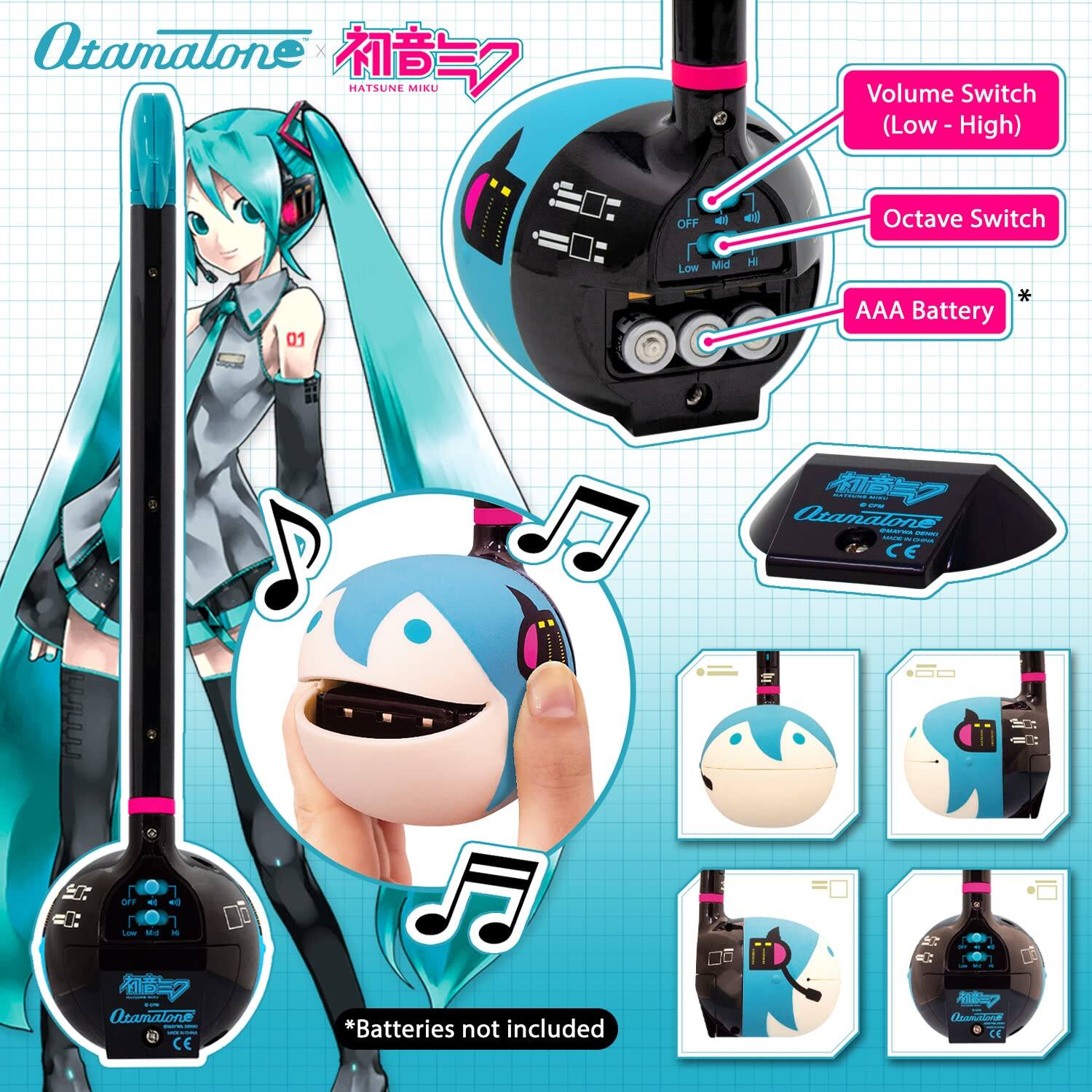 Atamalone HATSUNE MIKU Volume Switch (Low - High) - OFF  
Octave Switch Low Mid Hi  
01 * AAA Battery  
- ada Acamaton  
- - - - CE  
E =C: OFF Ls  
Ma el 1  
-- Otamalone - CE *Batteries not included  
Tamato CE