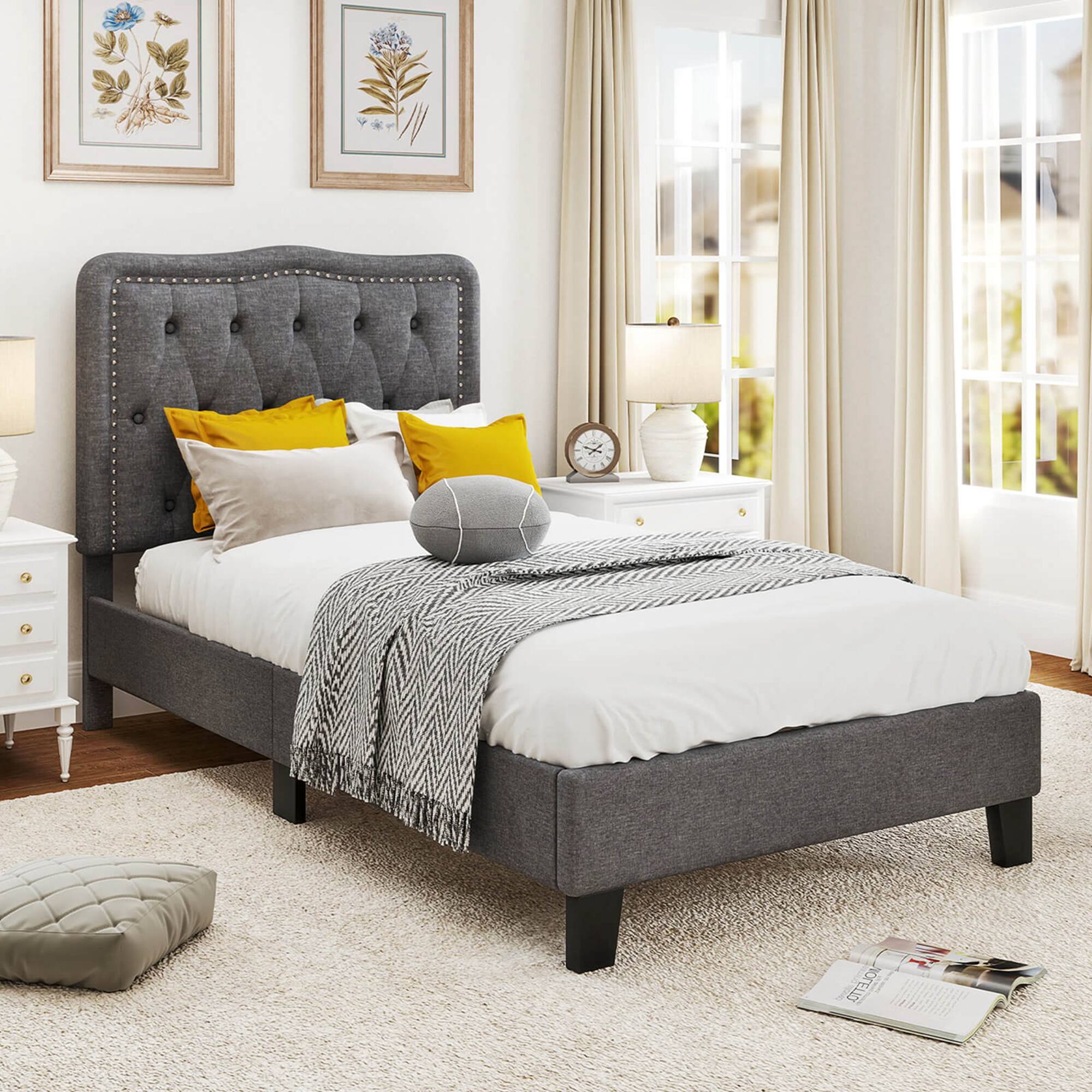 Alt View 2. Costway - Twin Size Bed Frame with 46" Tall Button Tufted Headboard Wooden Slats Support - Gray.