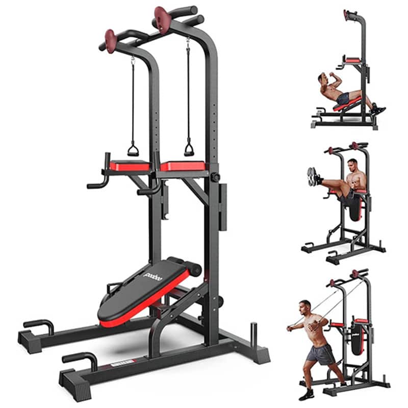 Pooboo - Multifunction Power Tower Dip Station Pull Up Bar for Fitness Home Gym Workout And Adjustable Height Fitness - Black