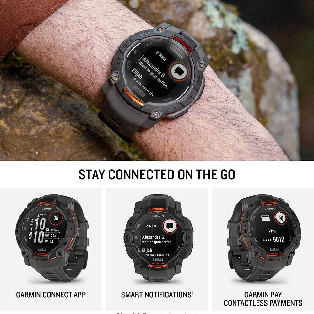 CIRE LIGHT 2 GARMIN ABC New DOWN Want Alexandra to Elijah grab G. vns coffee.. SOLAR sePn the BACK SEE BPS STAY CONNECTED ON THE GO GLASSEN SAT1 38 LBA 8:47 10 Pitll 5:56 - 99d 10 68 SET SOLAR GARMIN CTRL 2 New GPS MENU Alexandra G. Want to grab coffee.. N6 Elijah BACK ABD wu Satem the SET SOLAR CTRL LIBHO MENU ABD BARMINA Visa .... 9012 SOLAR SET GARMIN CONNECT APP SMART NOTIFICATIONS' GARMIN PAY CONTACTLESS PAYMENTS

STAY CONNECTED ON THE GO

GARMIN CONNECT APP

SMART NOTIFICATIONS¹

GARMIN PAY CONTACTLESS PAYMENTS