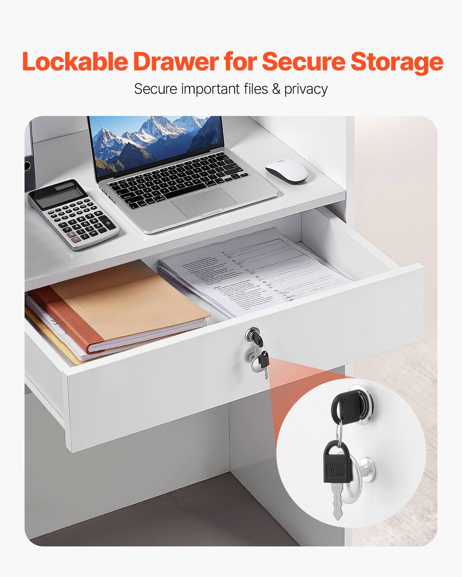 Lockable Drawer for Secure Storage  
Secure important files & privacy