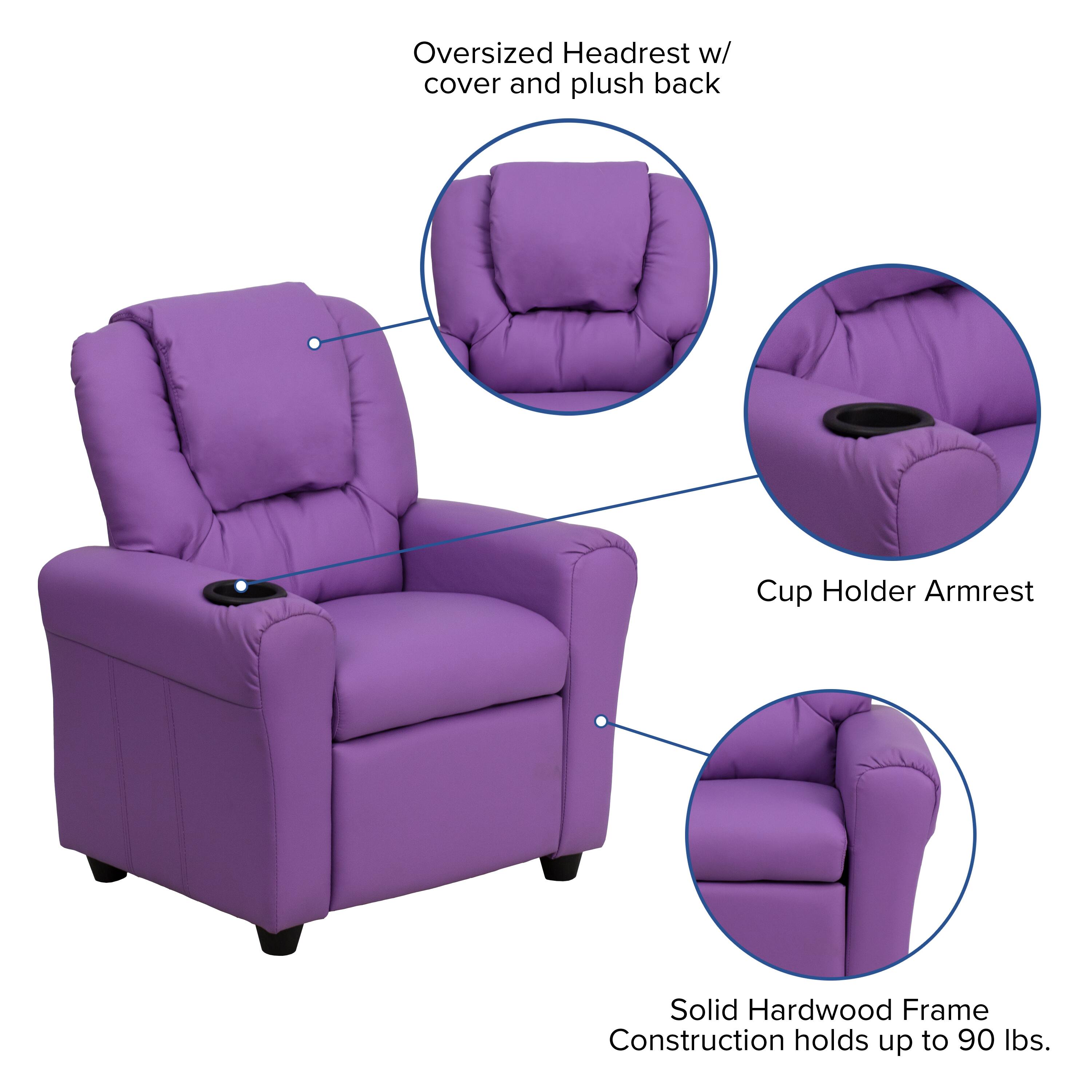 Oversized Headrest w/ cover and plush back  
Cup Holder Armrest  
Solid Hardwood Frame Construction holds up to 90 lbs.