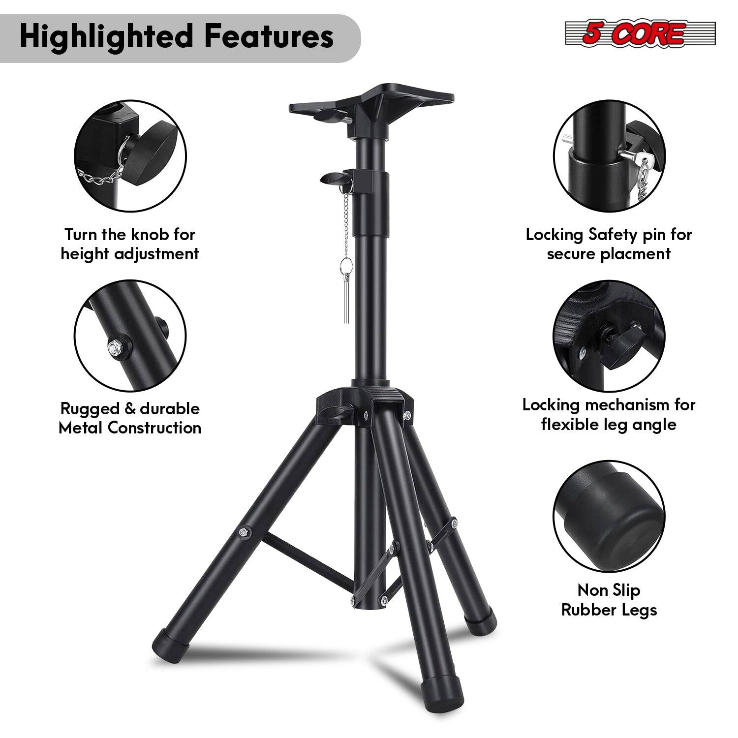 Highlighted Features

- 5 CORE: Turn the knob for height adjustment
- Locking Safety pin for secure placement
- Rugged & durable Metal Construction
- Locking mechanism for flexible leg angle
- Non Slip Rubber Legs