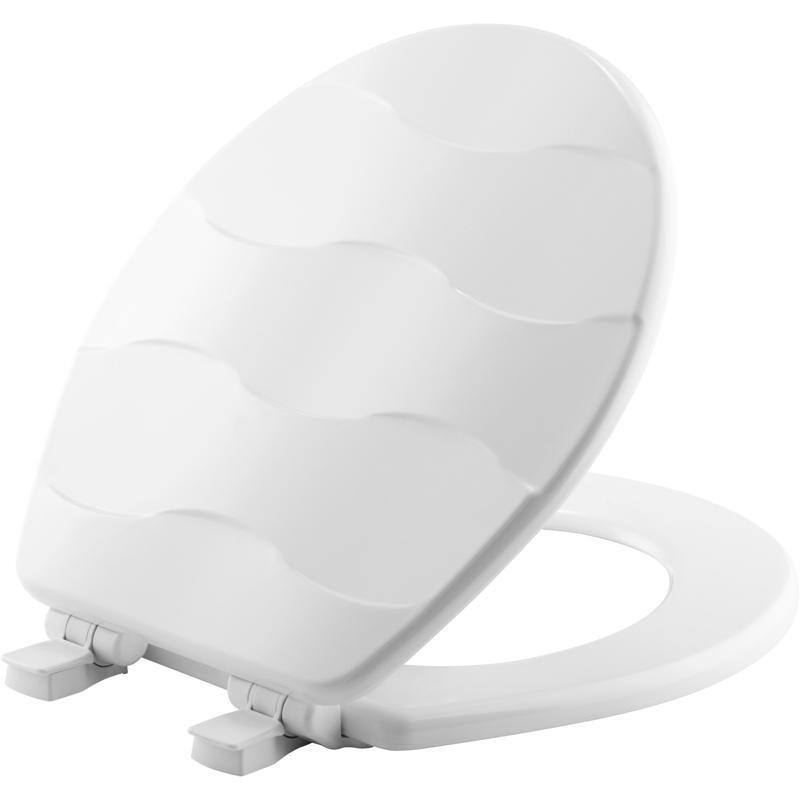 Angle. BEMIS - Mayfair by Bemis Basket Weave Slow Close Round White Enameled Wood Toilet Seat - White.
