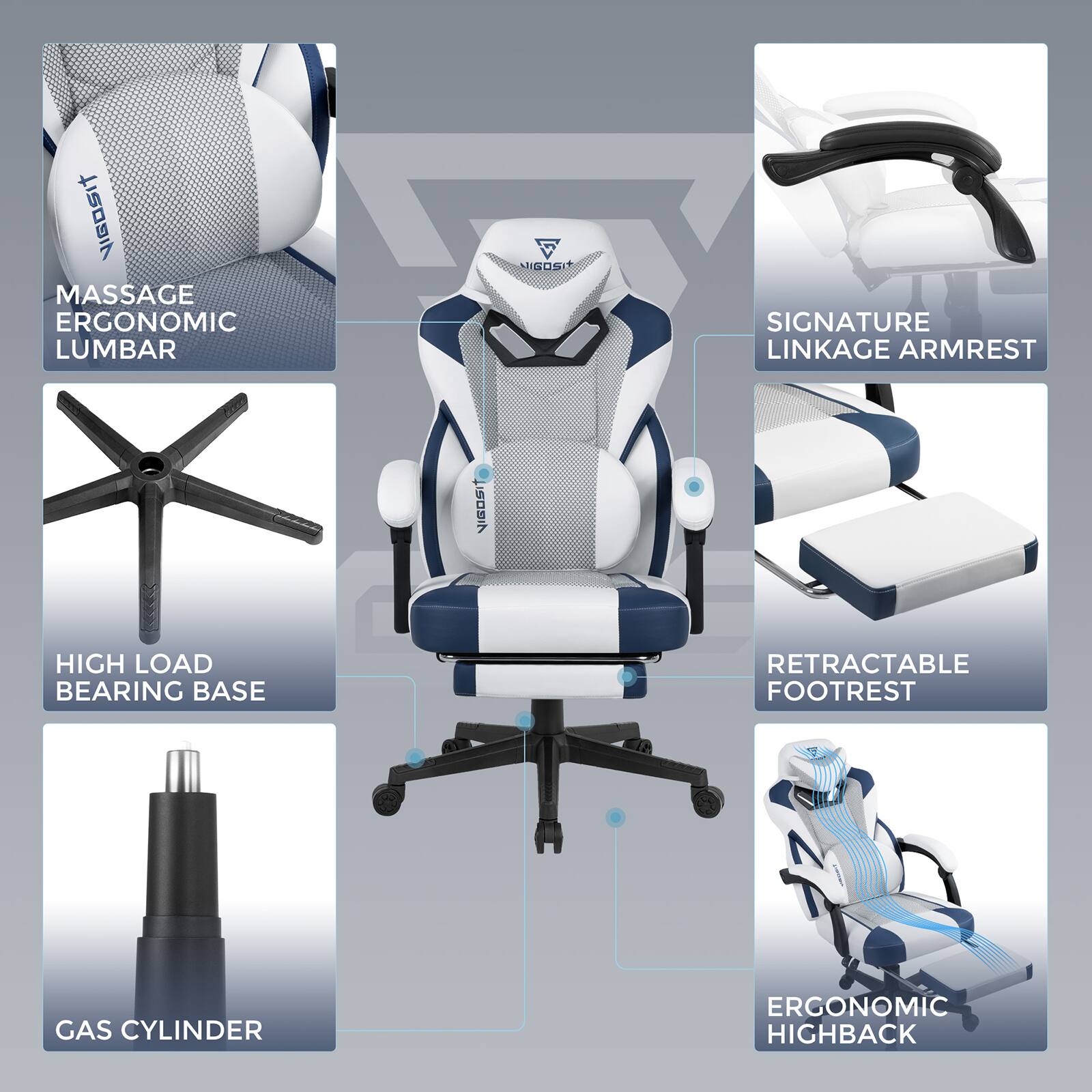 - MASSAGE ERGONOMIC LUMBAR
- SIGNATURE LINKAGE ARMREST
- HIGH LOAD BEARING BASE
- RETRACTABLE FOOTREST
- GAS CYLINDER
- ERGONOMIC HIGHBACK