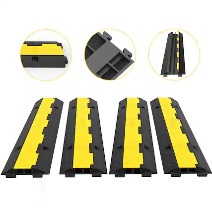 Front. VEVOR - Cable Protector Ramp, 4 Packs 2 Channels Speed Bump Hump, Rubber Modular Speed Bump Rated 11000 LBS Load Capacity - Black and yellow.