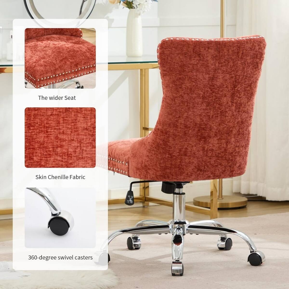 - The wider Seat
- Skin Chenille Fabric
- 360-degree swivel casters