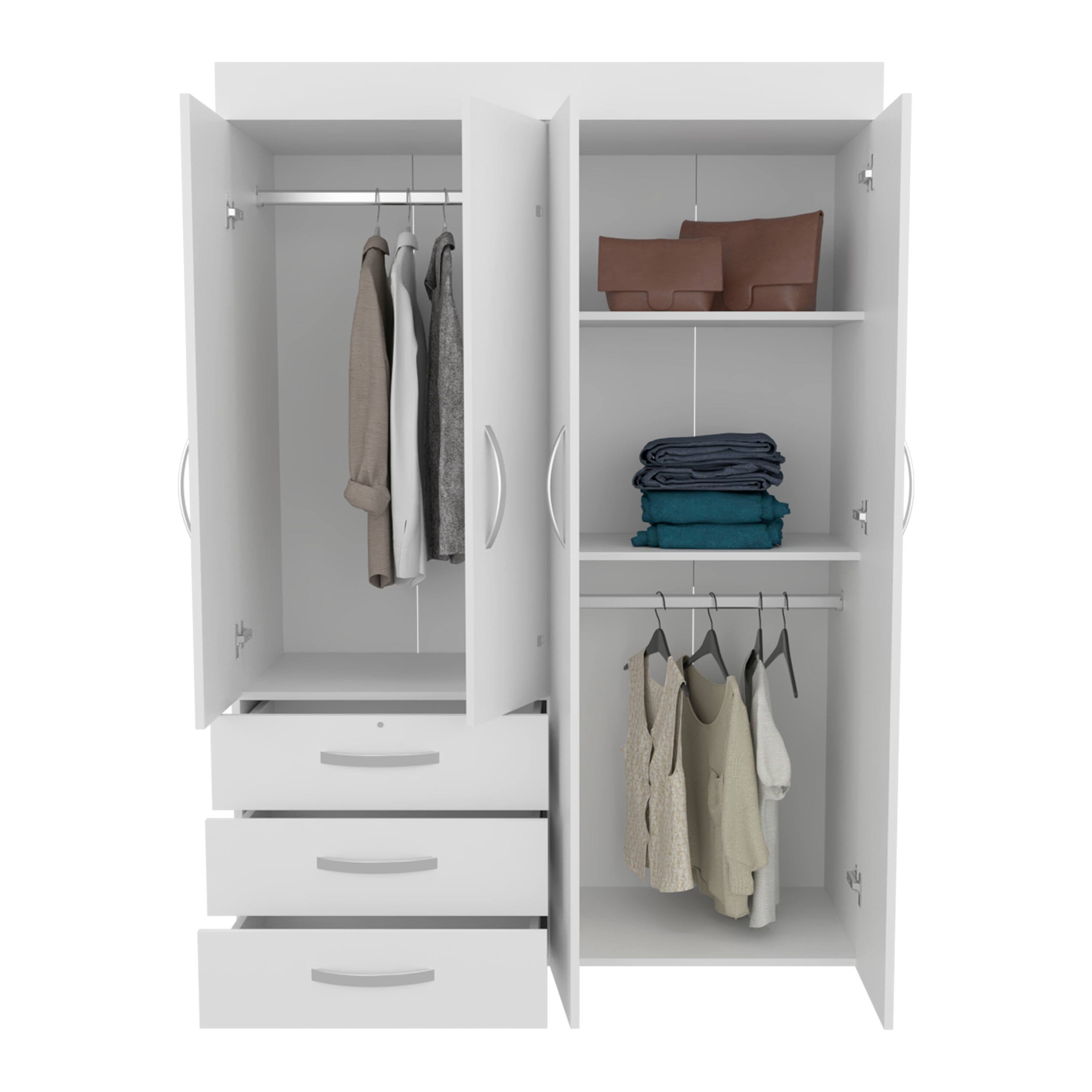 Angle. TuHome - Denver Adjustable Armoire, Rods, Double Door Cabinet, Three Drawers, Two Shelves - White.