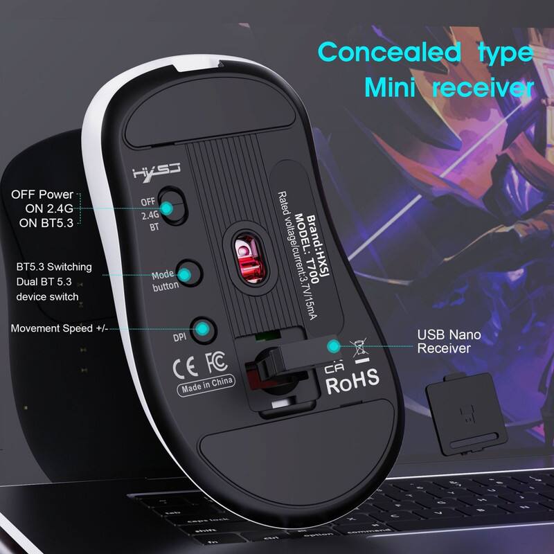Concealed type Mini receiver  
OFF Power ON 2.4G ON BT5.3  
BT5.3 Switching Dual BT 5.3 device switch  
Movement Speed +/-  
HiS3 OFF 2.4G BT Mode button DPI  
CE FC in China Made  
Rated MODEL: T700  
Brand: HXSJ  
voltage/current: 3.7V/15mA 7V/15mA  
USB Nano Receiver  
CA RoHS