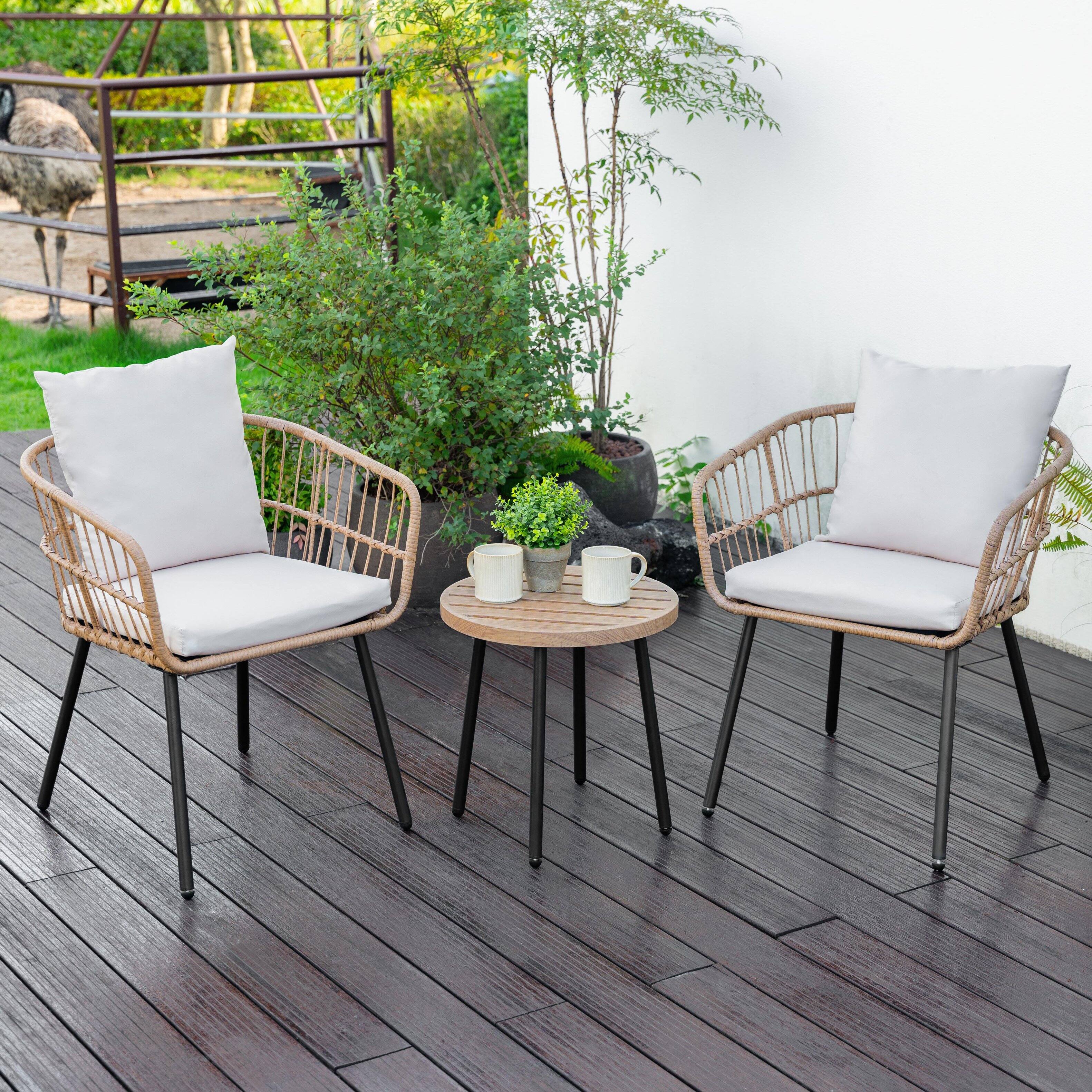 Alt View 1. Nuu Garden - 3-Piece Metal and PE Wicker Patio Bistro Set with Soft Cushions - Beige.