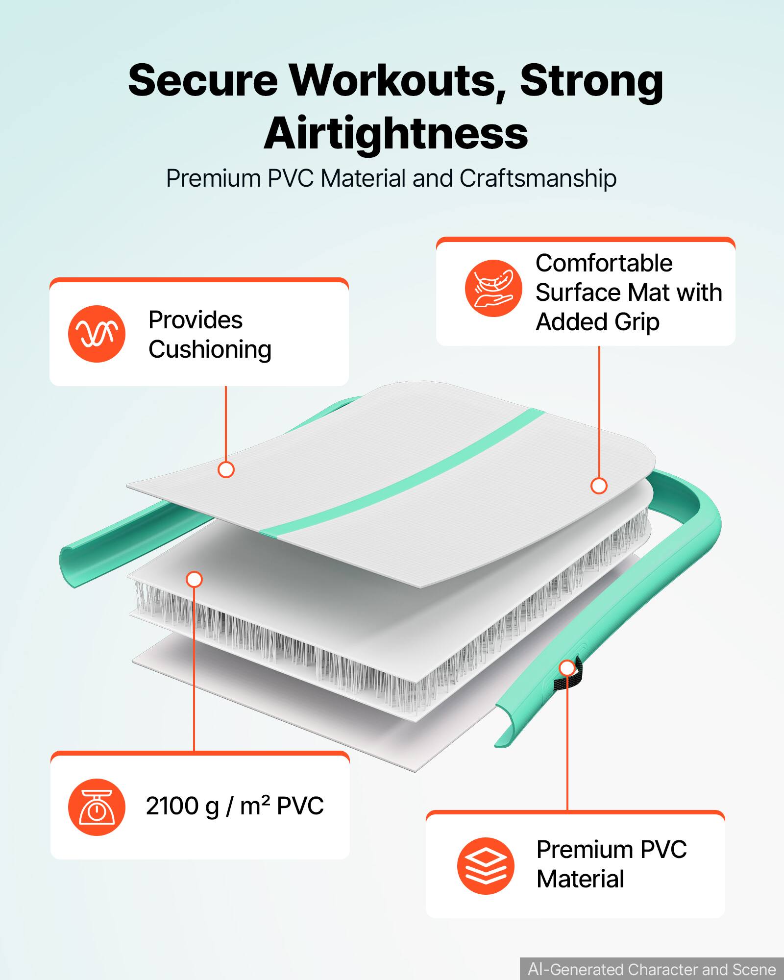 Secure Workouts, Strong Airtightness

Premium PVC Material and Craftsmanship

Provides Cushioning

Comfortable Surface Mat with Added Grip

2100 g / m² PVC

Premium PVC Material

AI-Generated Character and Scene