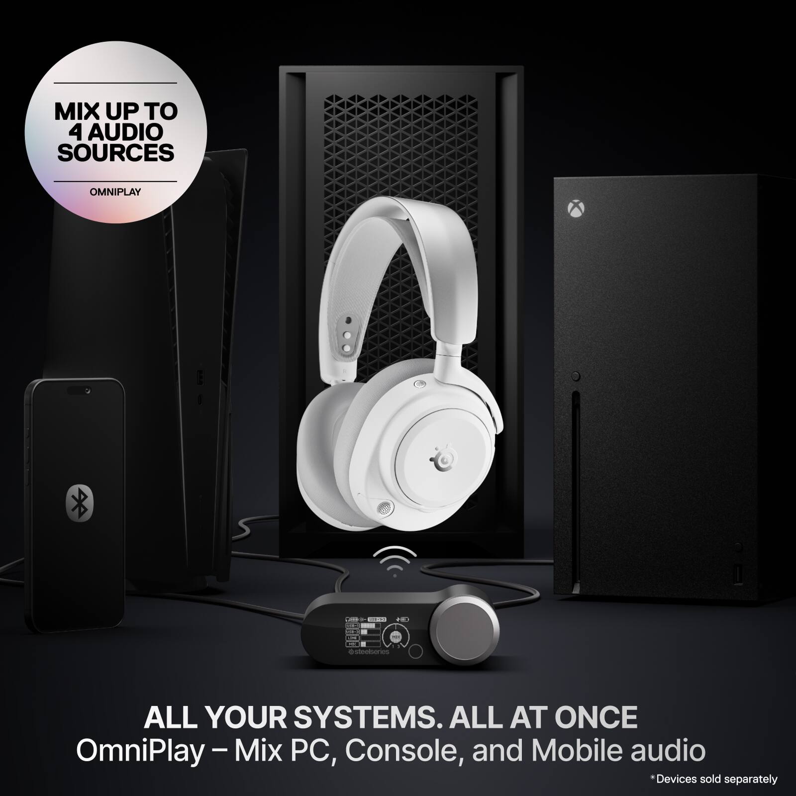 MIX UP TO 4 AUDIO SOURCES  
OMNIPLAY

ALL YOUR SYSTEMS. ALL AT ONCE  
OmniPlay – Mix PC, Console, and Mobile audio  
*Devices sold separately