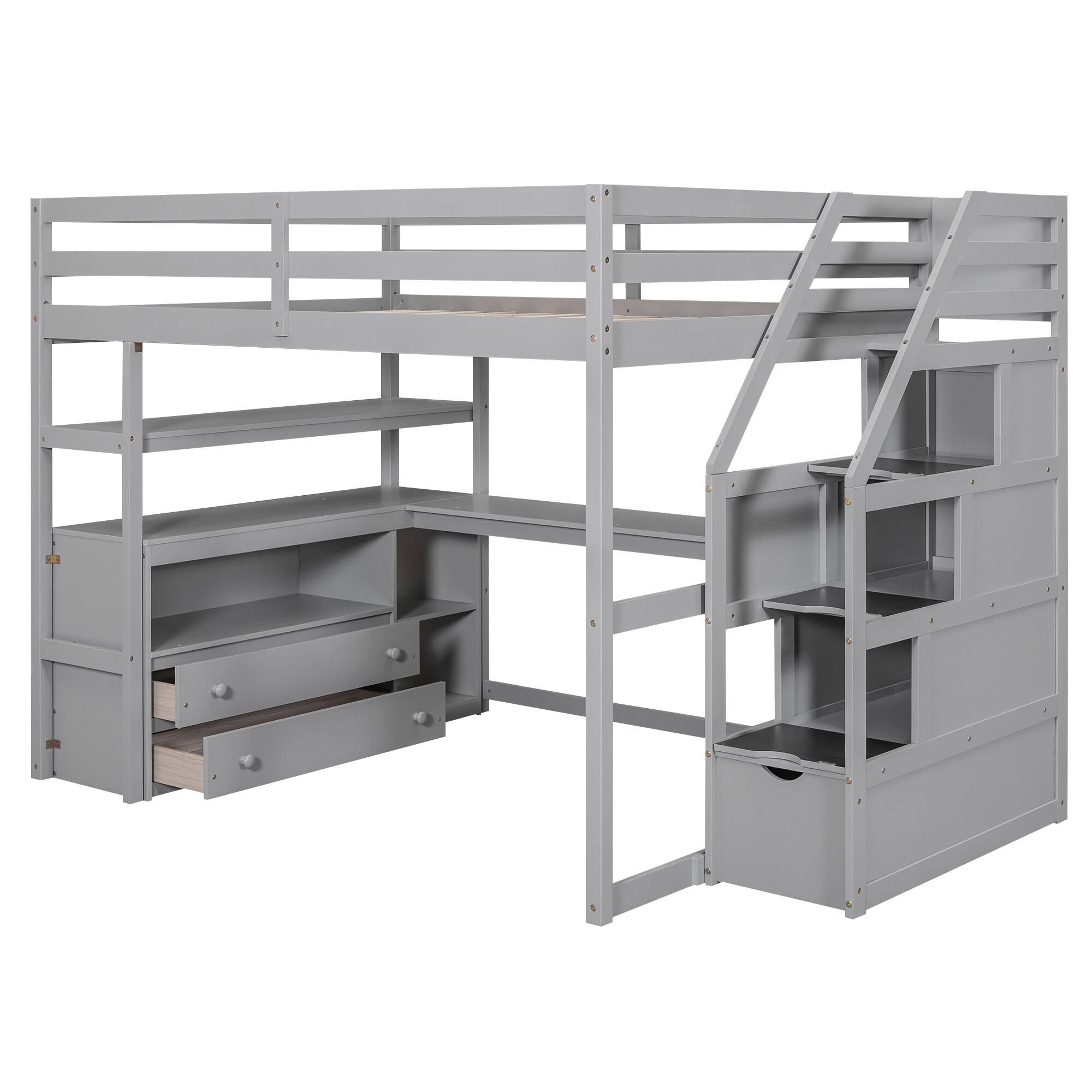 Alt View 7. Tiramisubest - Full Size Gray Loft Bed with Desk, Shelves, 2 Drawers & Storage Staircase, Pine - Gray.