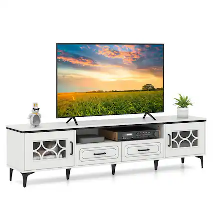 Front. Pefilos - Farmhouse TV Stand, 80" TV Compatible, 2 Cabinets & 2 Drawers with Clear Doors, White TV Cabinet - White.