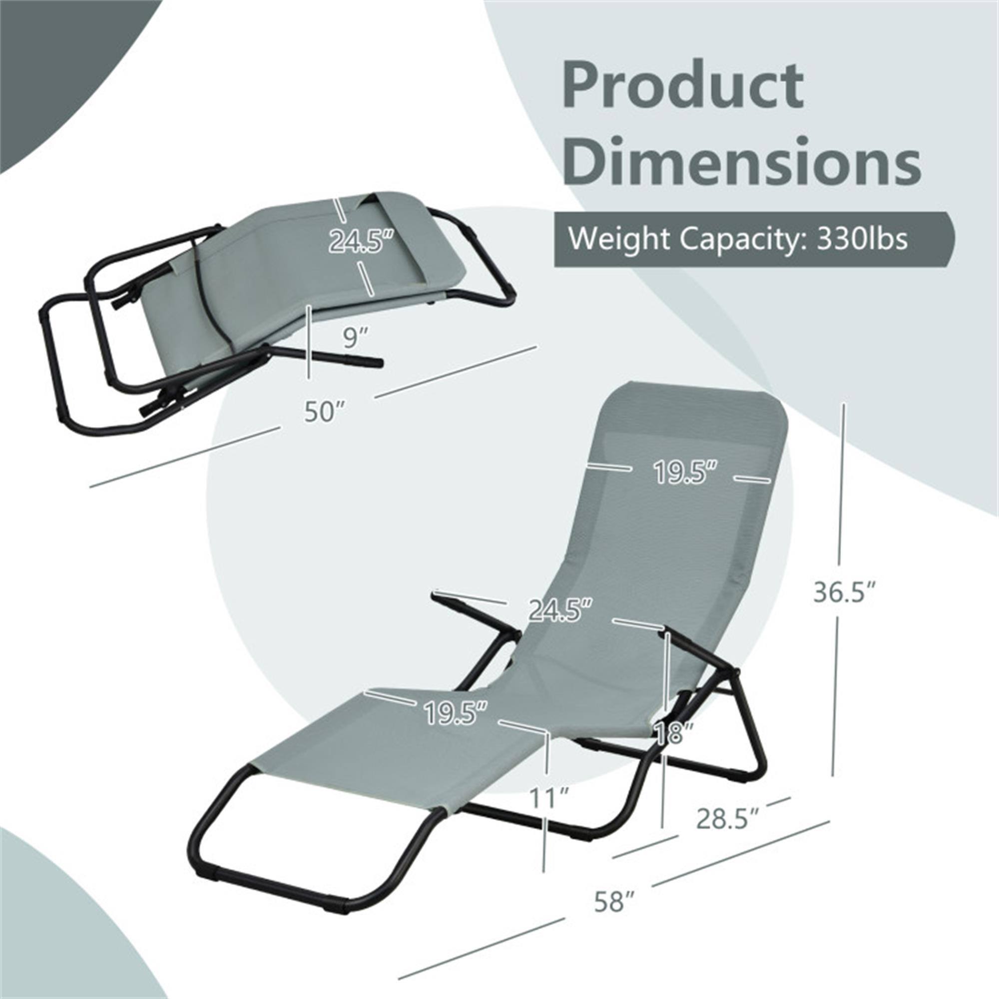 Product Dimensions  
Weight Capacity: 330lbs  

- 50"  
- 24.5"  
- 9"  
- 19.5"  
- 36.5"  
- 19.5"  
- 18"  
- 11"  
- 28.5"  
- 58"