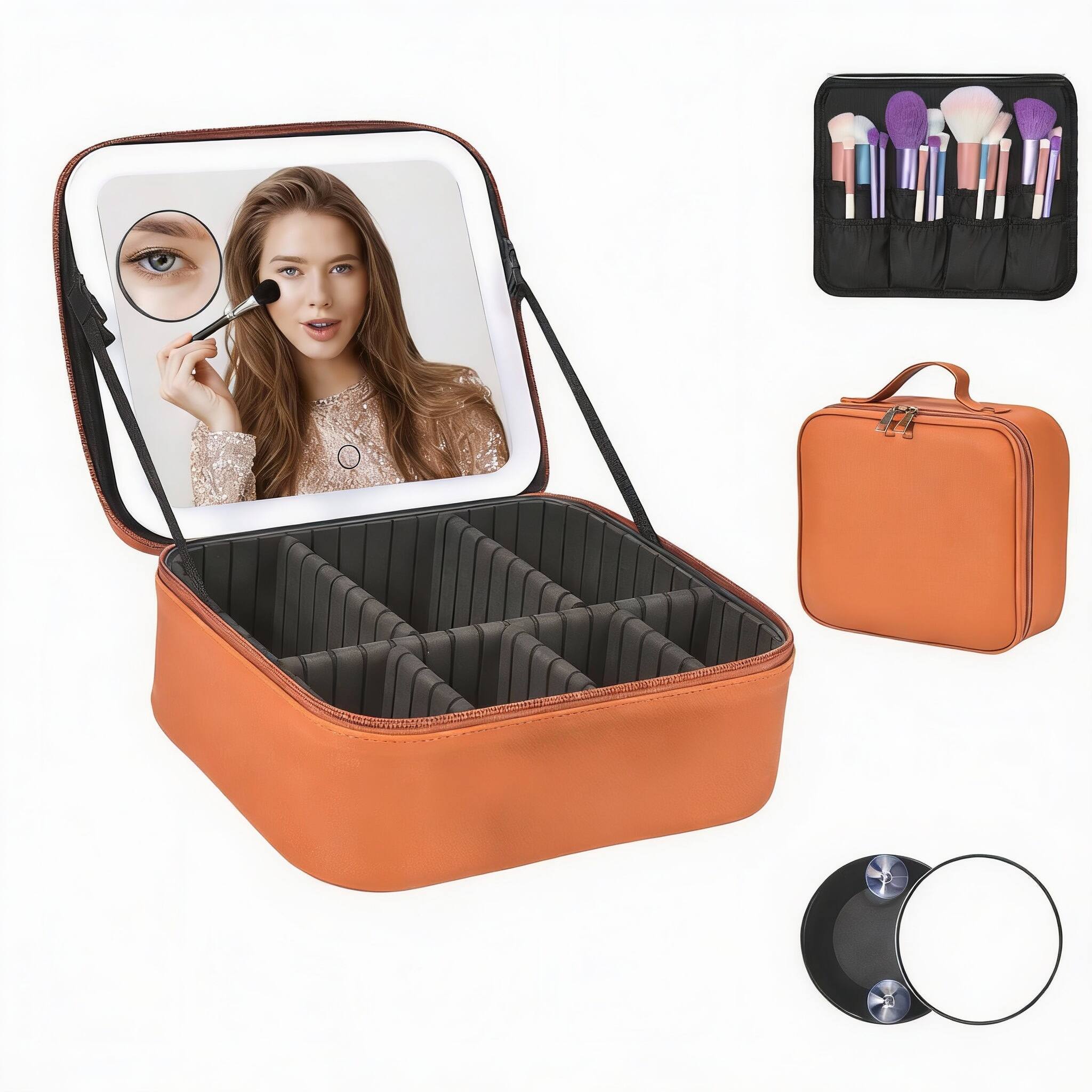 Left. OMOMMD - Travel Makeup Bag With Led Mirror Case Color Setting Organizer Adjustable Dividers Portable Make Up Box Bru - Rose-UP.