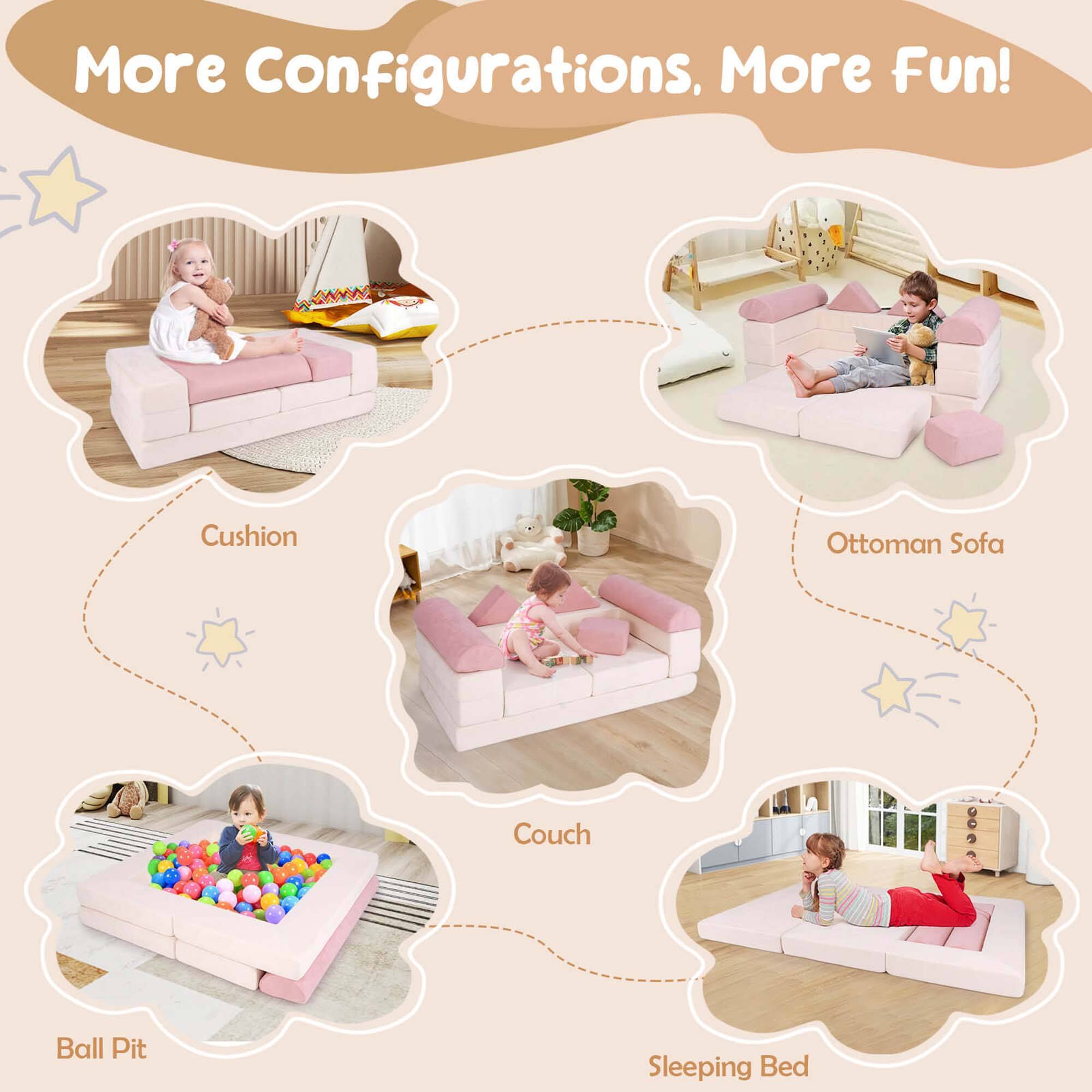 More Configurations, More Fun!

- Cushion
- Ottoman Sofa
- Couch
- Ball Pit
- Sleeping Bed