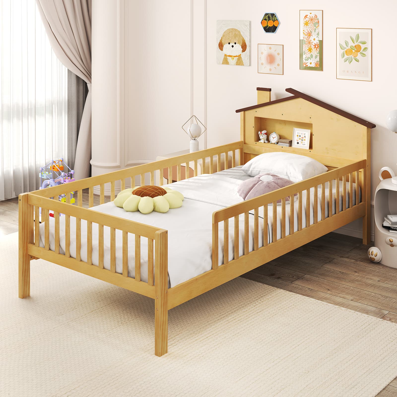 Gymax - Twin Size Kids Bed Solid Wood Platform Bed w/ Under-bed Storage & Storage Cube - Natural