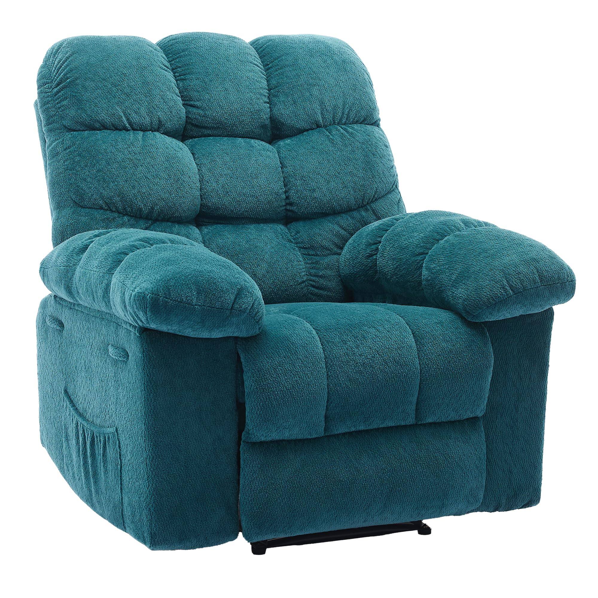 Acekool - Oversized Manual Recliner Chair with Hidden Footrest, Upholstery Swivel 150° Recliner Ergonomic Design - Blue