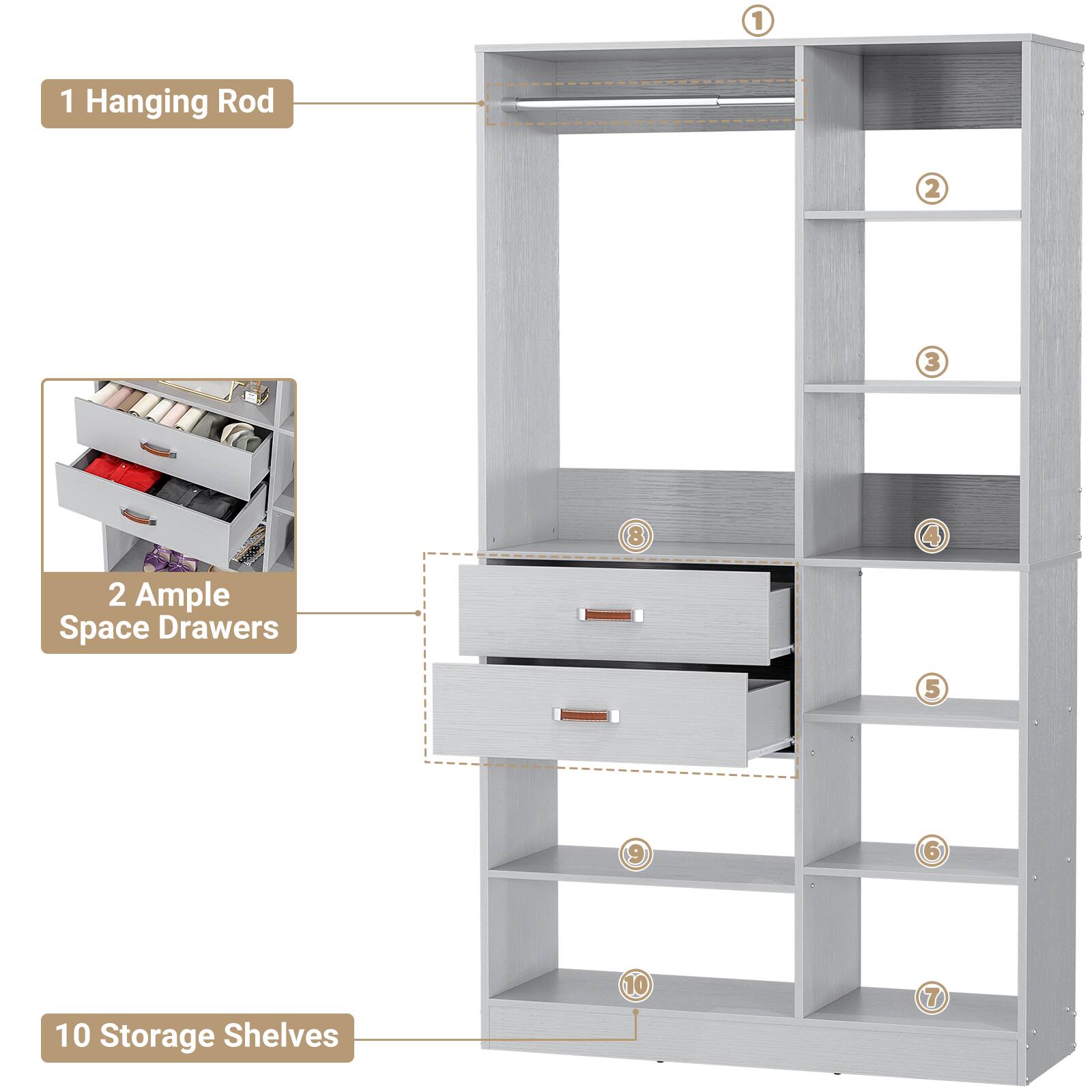 1. Hanging Rod  
2. Ample Space Drawers  
3. Storage Shelves