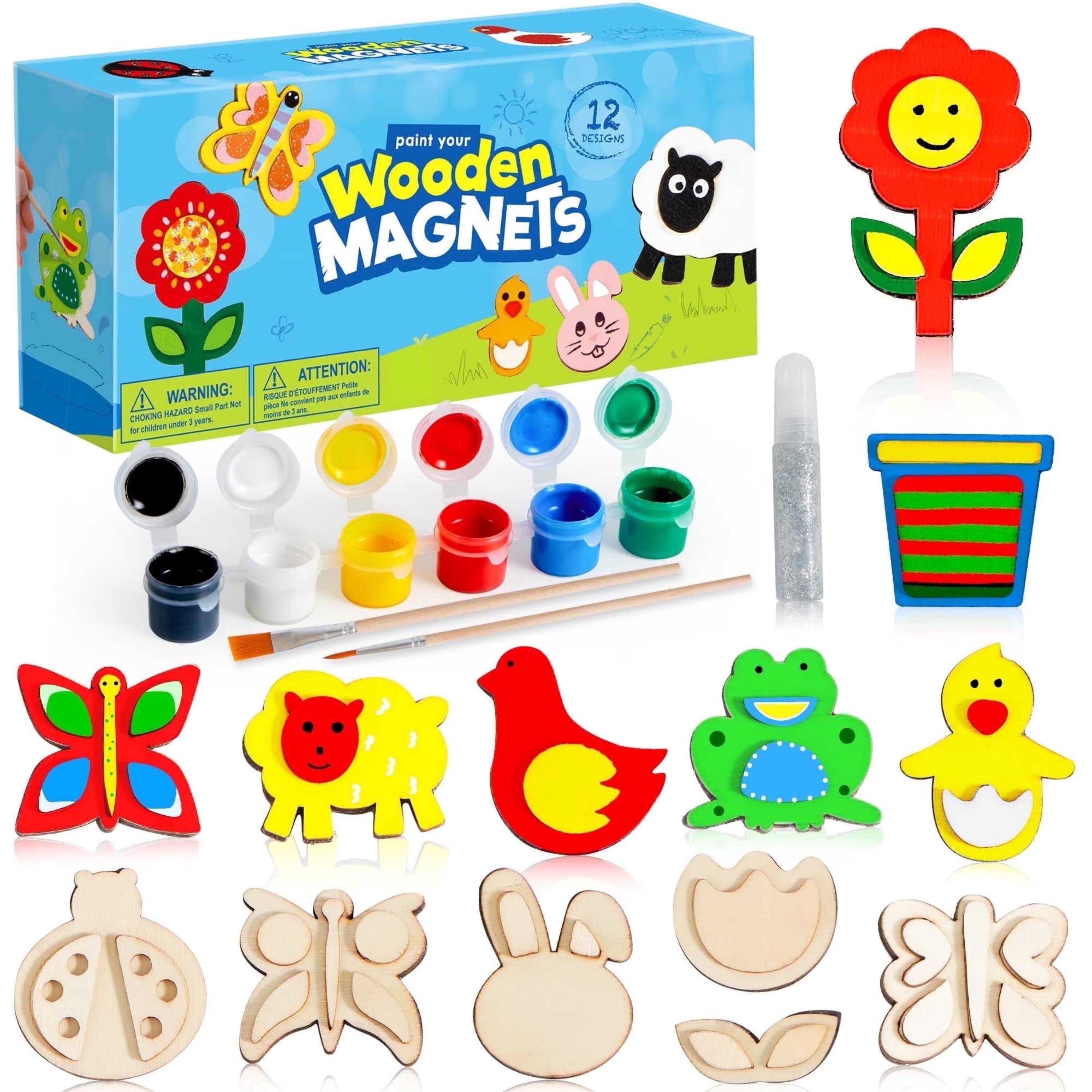 Joyfy - 12-Piece Wooden Magnet Painting Art &Craft Kits for Kids, Wood Craft Kits for Toddlers,Party Favors for Easter Christmas - colorful