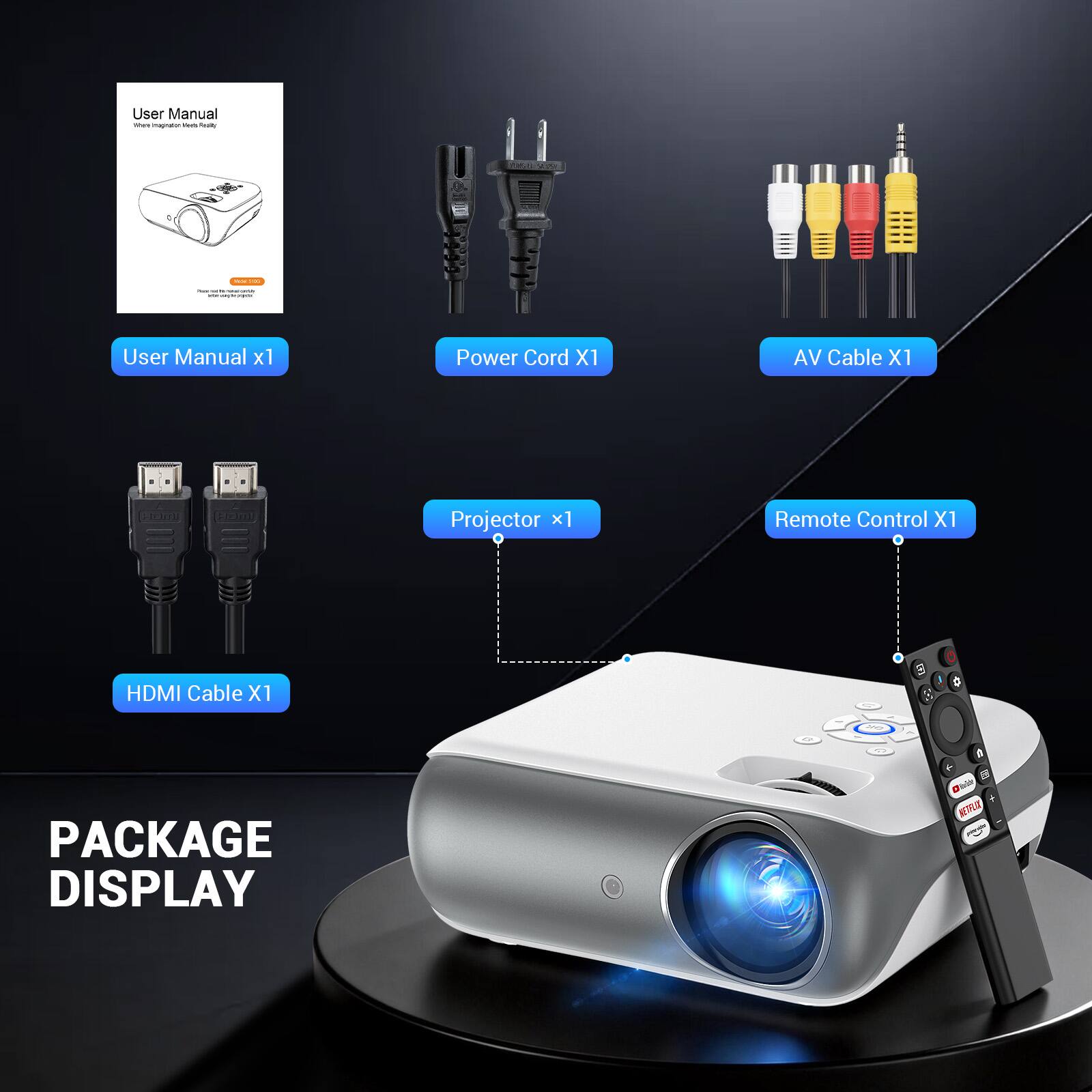 User Manual x1  
Power Cord x1  
AV Cable x1  
Projector x1  
Remote Control x1  
HDMI Cable x1  

PACKAGE DISPLAY