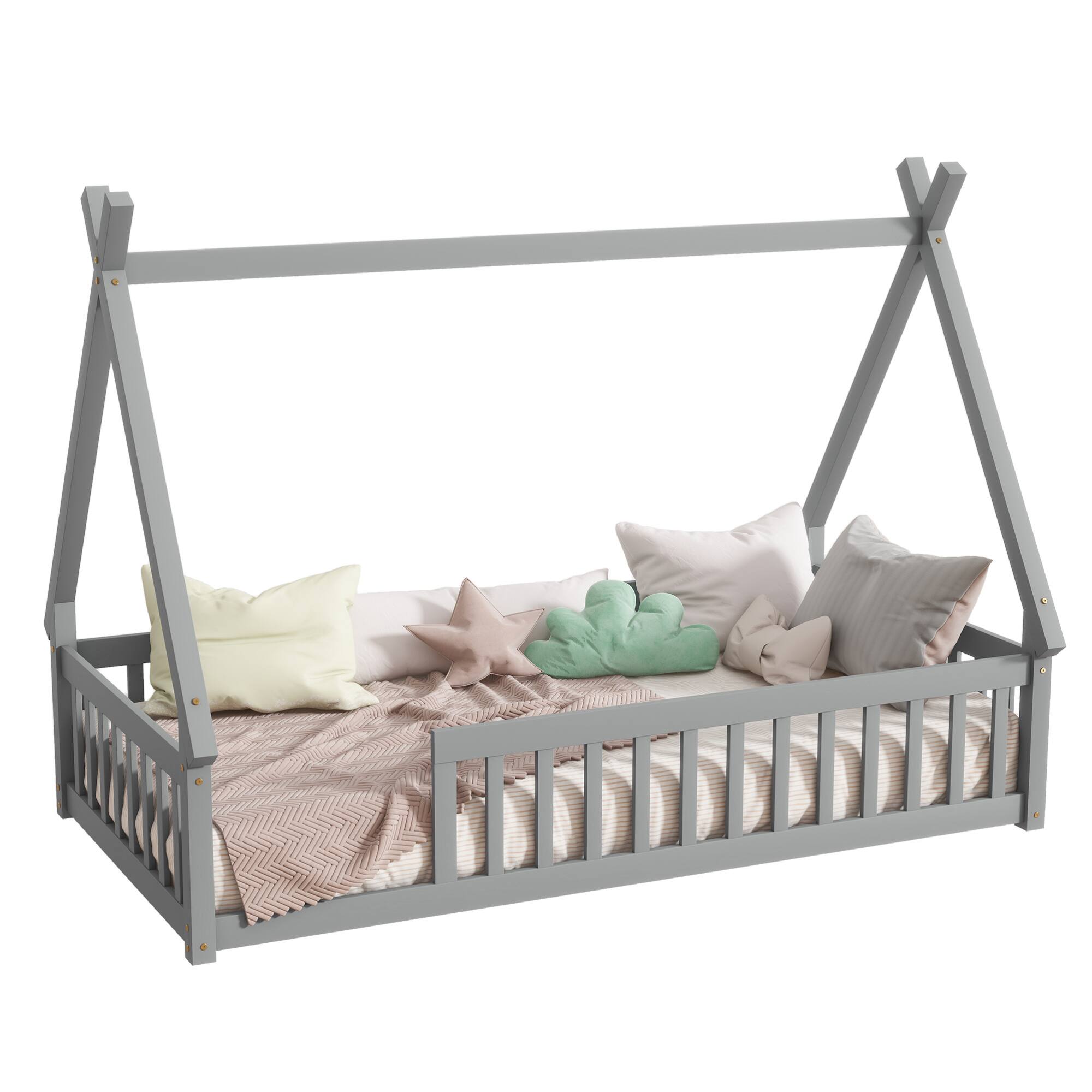 Alt View 8. GOODSILO - Twin-Size Tent-Shaped Low Profile Floor Bed with Safety Guardrails and Slatted Base - Grey.