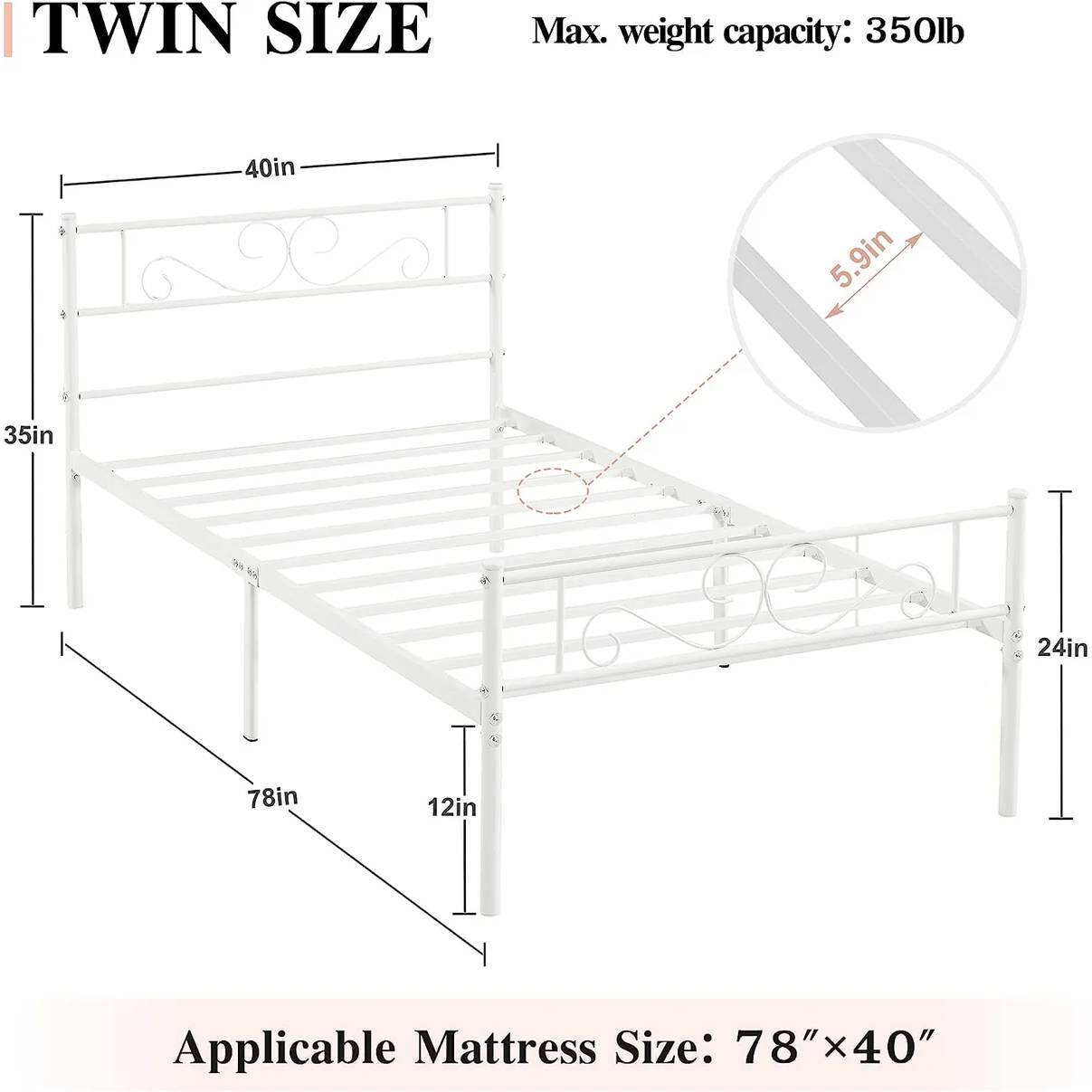 TWIN SIZE, Max. weight capacity: 350lb, 40in, 5.9in, 35in, 24in, 78in, 12in, Applicable Mattress Size: 78"x40"