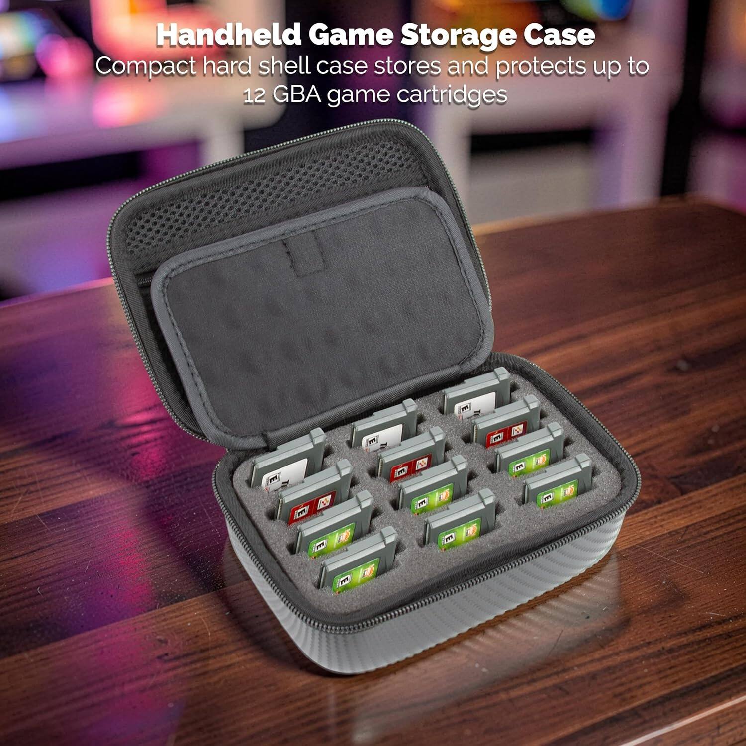 Handheld Game Storage Case  
Compact hard shell case stores and protects up to 12 GBA game cartridges