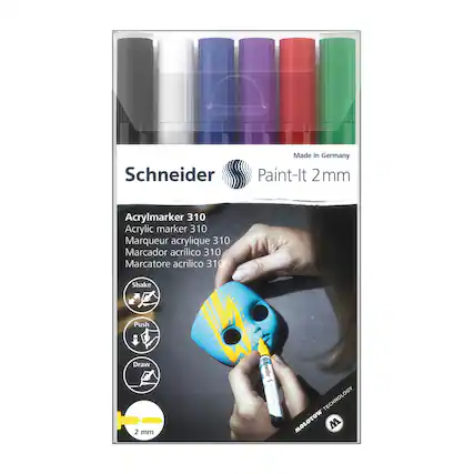Schneider Made in Germany Paint-It 2 mm
Acrylmarker 310
Acrylic marker 310
Marqueur acrylique 310
Marcador acrílico 310
Marcatore acrilico 310
Shake Push Draw
2 mm
MOLOTOW TECHNOLOGY