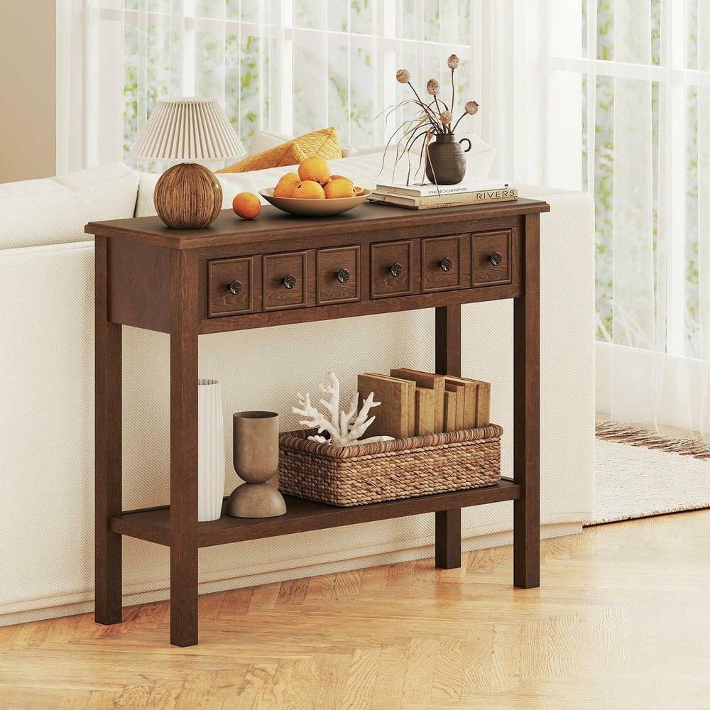 Alt View 1. Kadyn - 38-Inch Rustic Console Table with 2 Drawers & Bottom Open Shelf, Espresso - Brown.