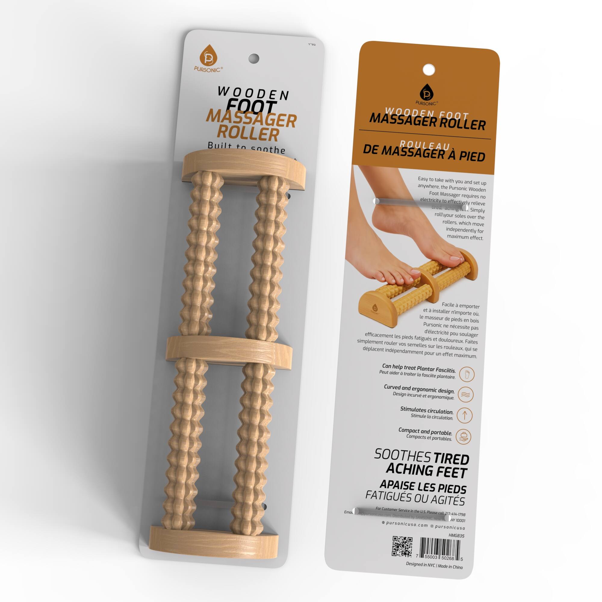 Pursonic Wooden Foot Massager Roller  
Built to soothe  

Pursonic Wooden Foot Massager Roller  
De Roulant Massager Pied  

Easy to take with you and set up anywhere the Pursonic Wooden Foot Massager requires no electricity to effectively relieve your tired feet. Simply roll your soles over the rollers which move independently for maximum effect.  

Can help treat Plantar Fasciitis.  

Curved and ergonomic design. Stimulates circulation.  

Compact and portable.  

Soothe tired aching feet.  

Pursonicuse.com  
© Pursonicuse 2020