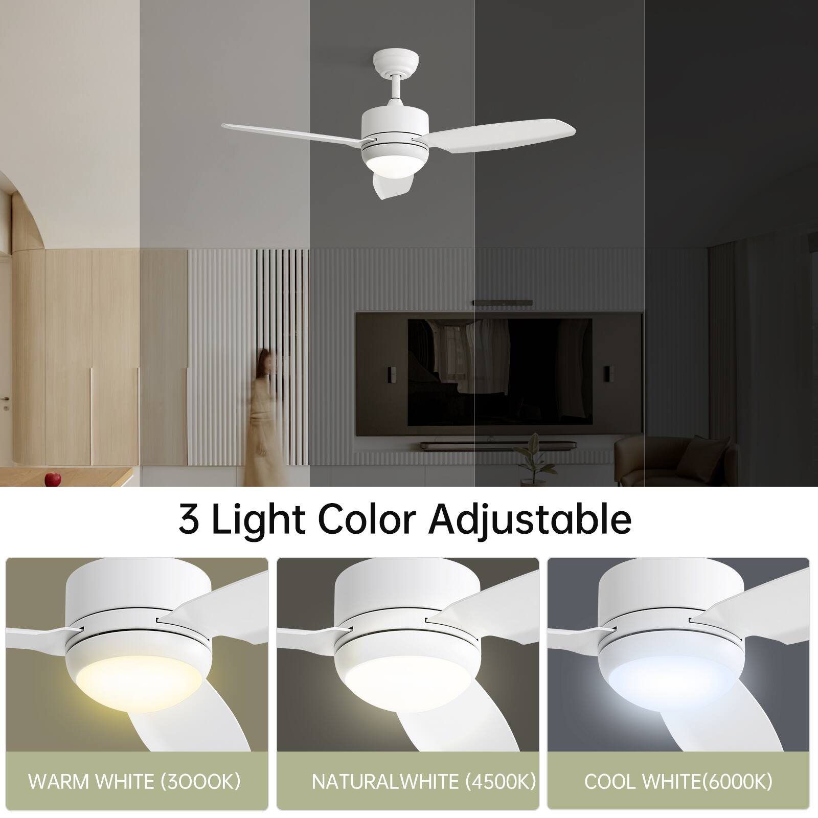 3 Light Color Adjustable  
- WARM WHITE (3000K)  
- NATURAL WHITE (4500K)  
- COOL WHITE (6000K)