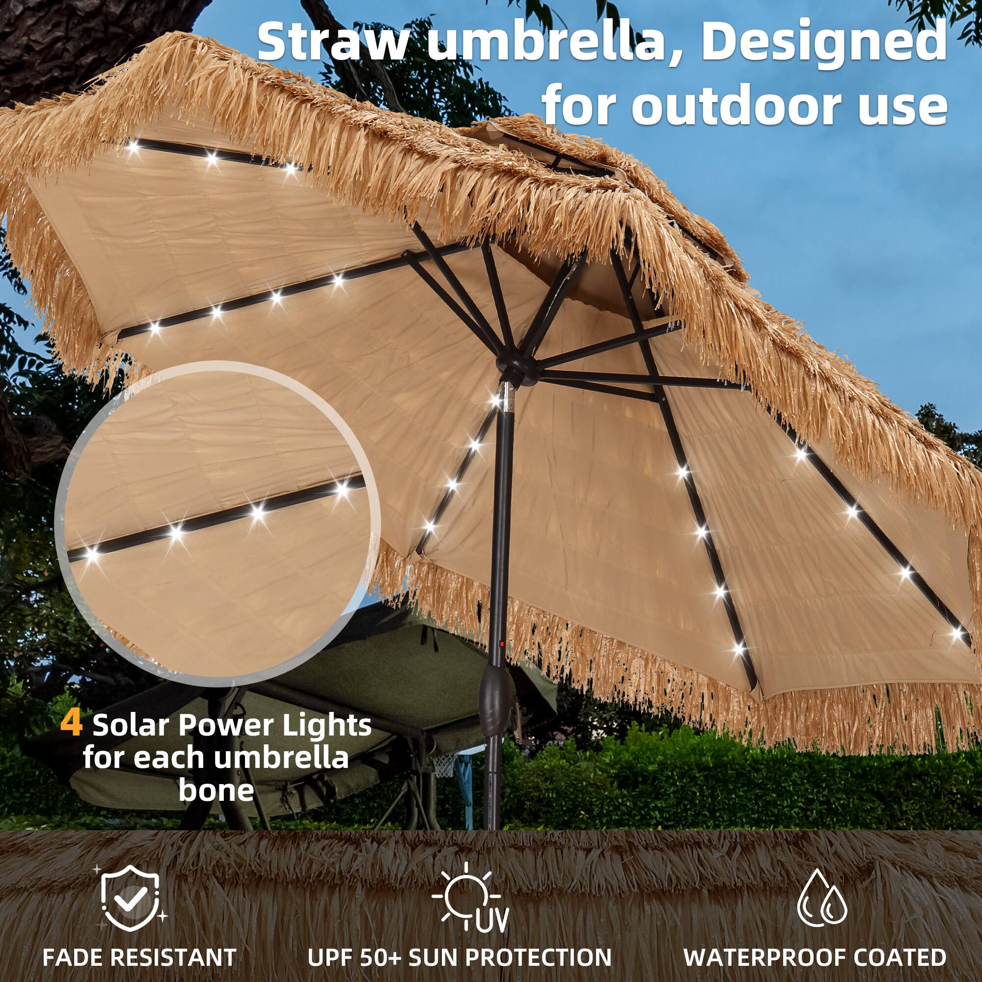Straw umbrella, Designed for outdoor use

4 Solar Power Lights for each umbrella bone

FADE RESISTANT
UPF 50+ SUN PROTECTION
WATERPROOF COATED