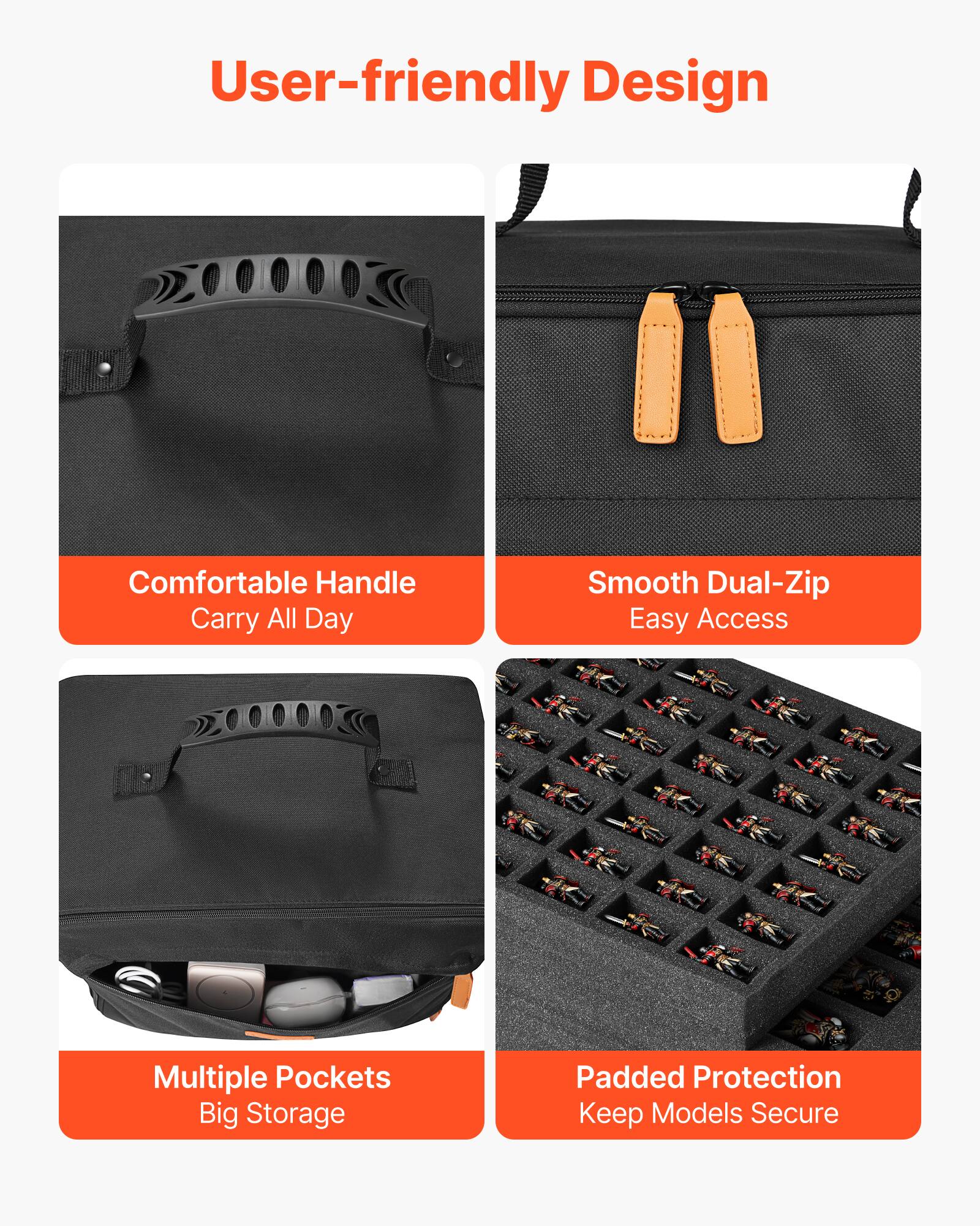 User-friendly Design  
Comfortable Handle Carry All Day  
Smooth Dual-Zip Easy Access  
Multiple Pockets Big Storage  
Padded Protection Keep Models Secure