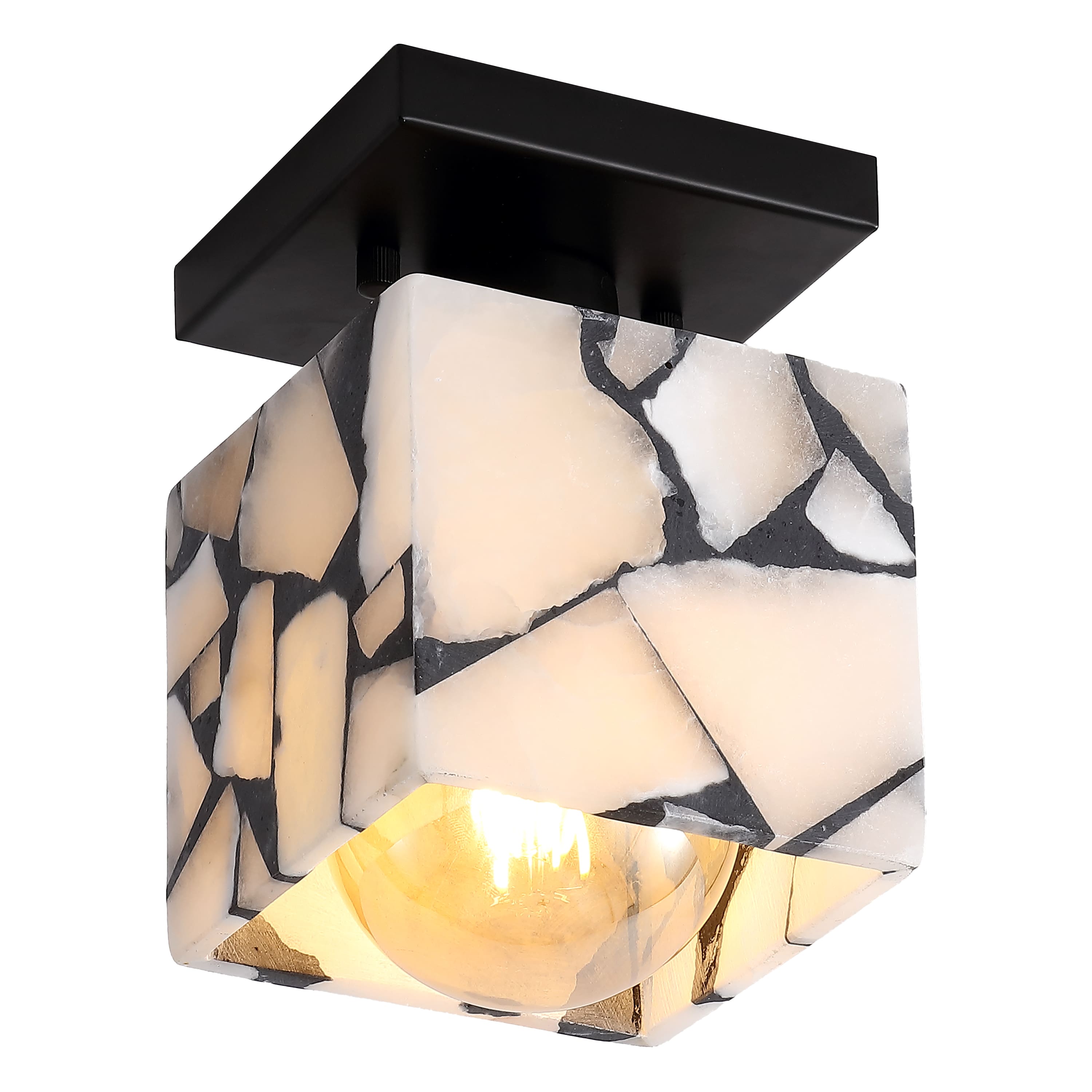 Jonathan Y - Alessia 5" 1-Light Modern Contemporary Alabaster/Metal Cube LED Semi Flush Mount, Black and White Marbling/Black - White/Black