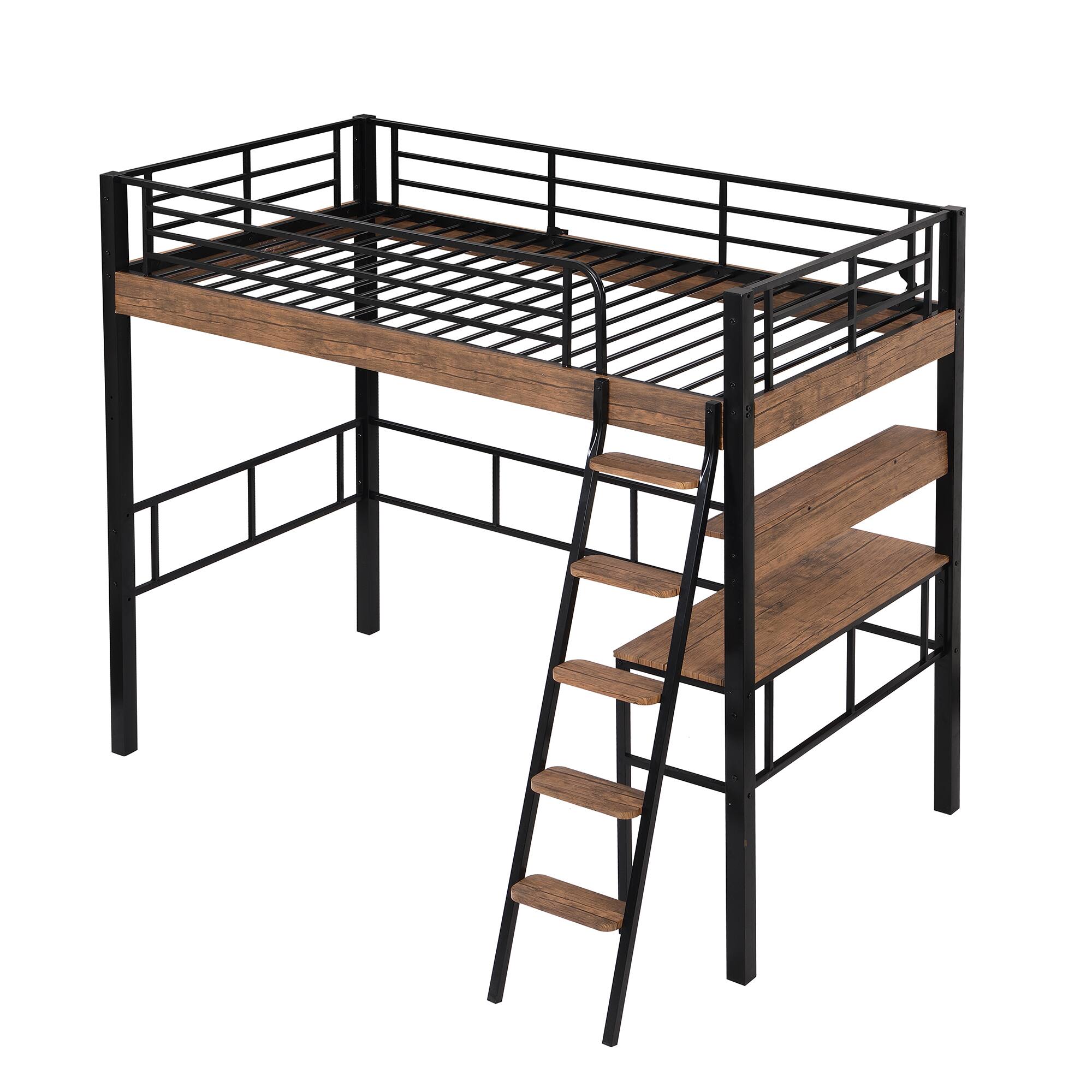 Left. Aukfa - Metal Full Size Loft Bed with LED, Built-in Desk, Storage Shelf and Ladder - Black.