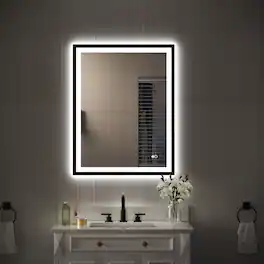 WELLFOR - 28 in W x 36 in. H Rectangular Single Aluminum Framed Anti-Fog LED Light Wall Bathroom Vanity Mirror - Matte Black